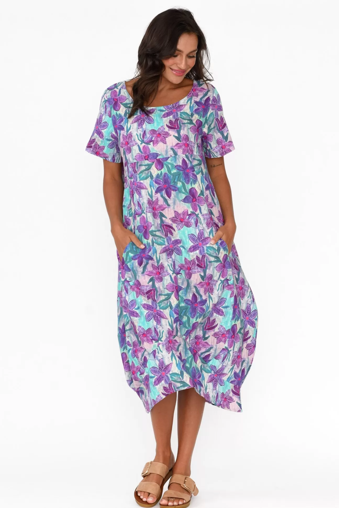 Cali and Co Mattie Purple Flower Linen Dress Outlet