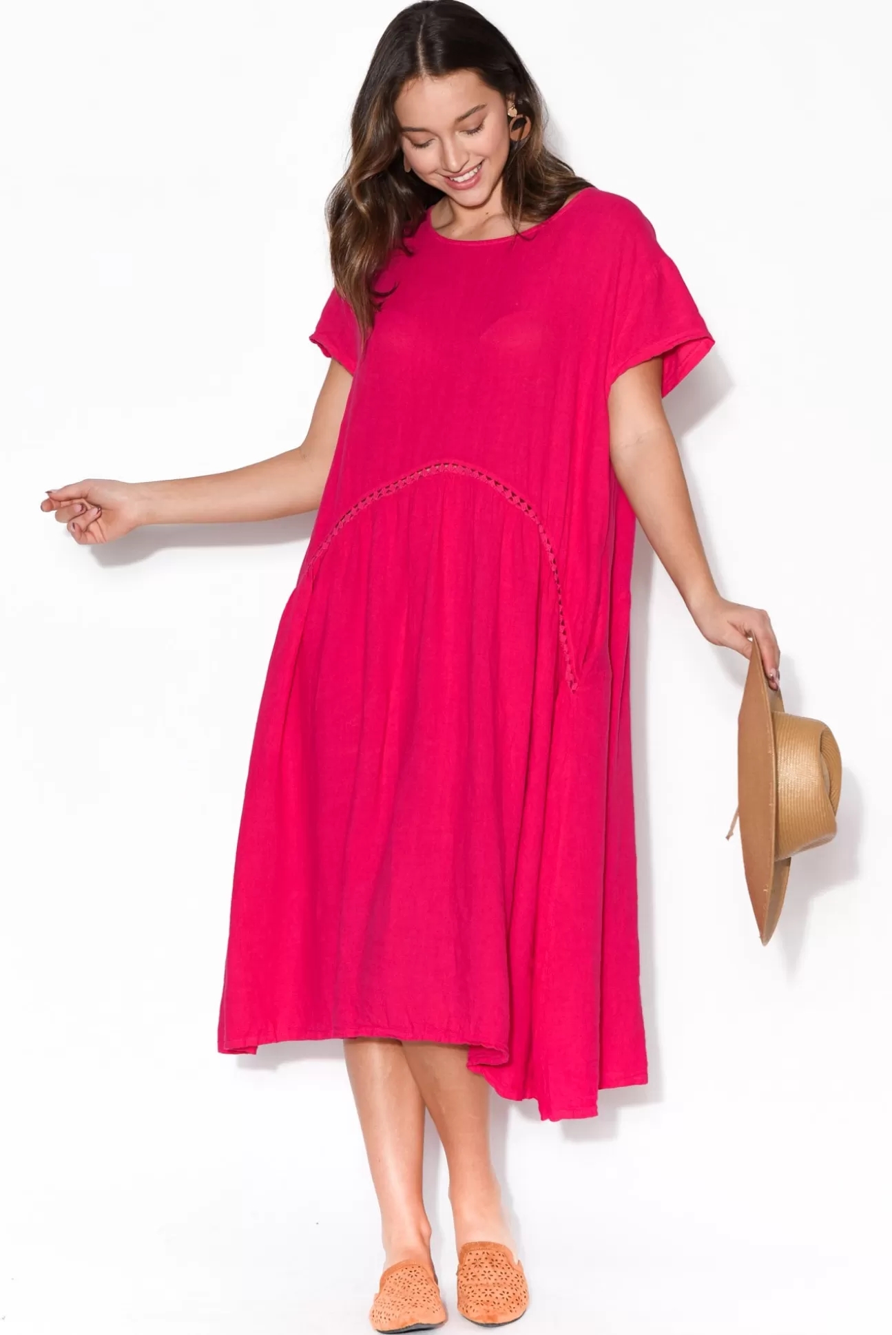 Wednesday Lulu Maureen Hot Pink Linen Smock Dress New