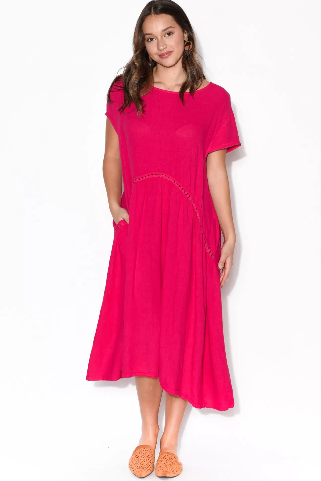 Wednesday Lulu Maureen Hot Pink Linen Smock Dress New