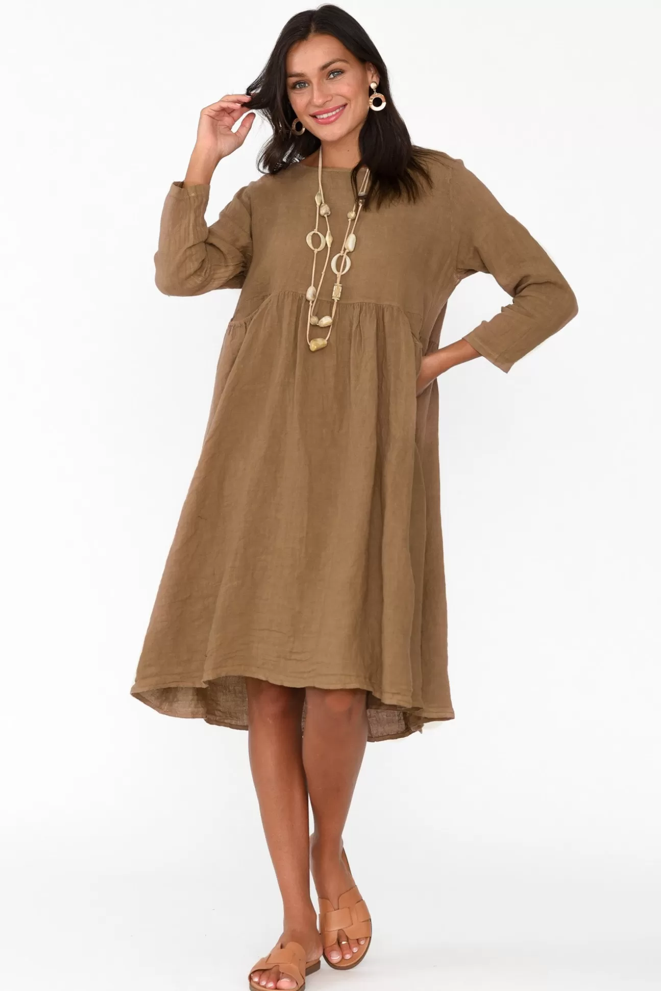 Talia Benson Maybelle Mocha Linen Pocket Dress Shop