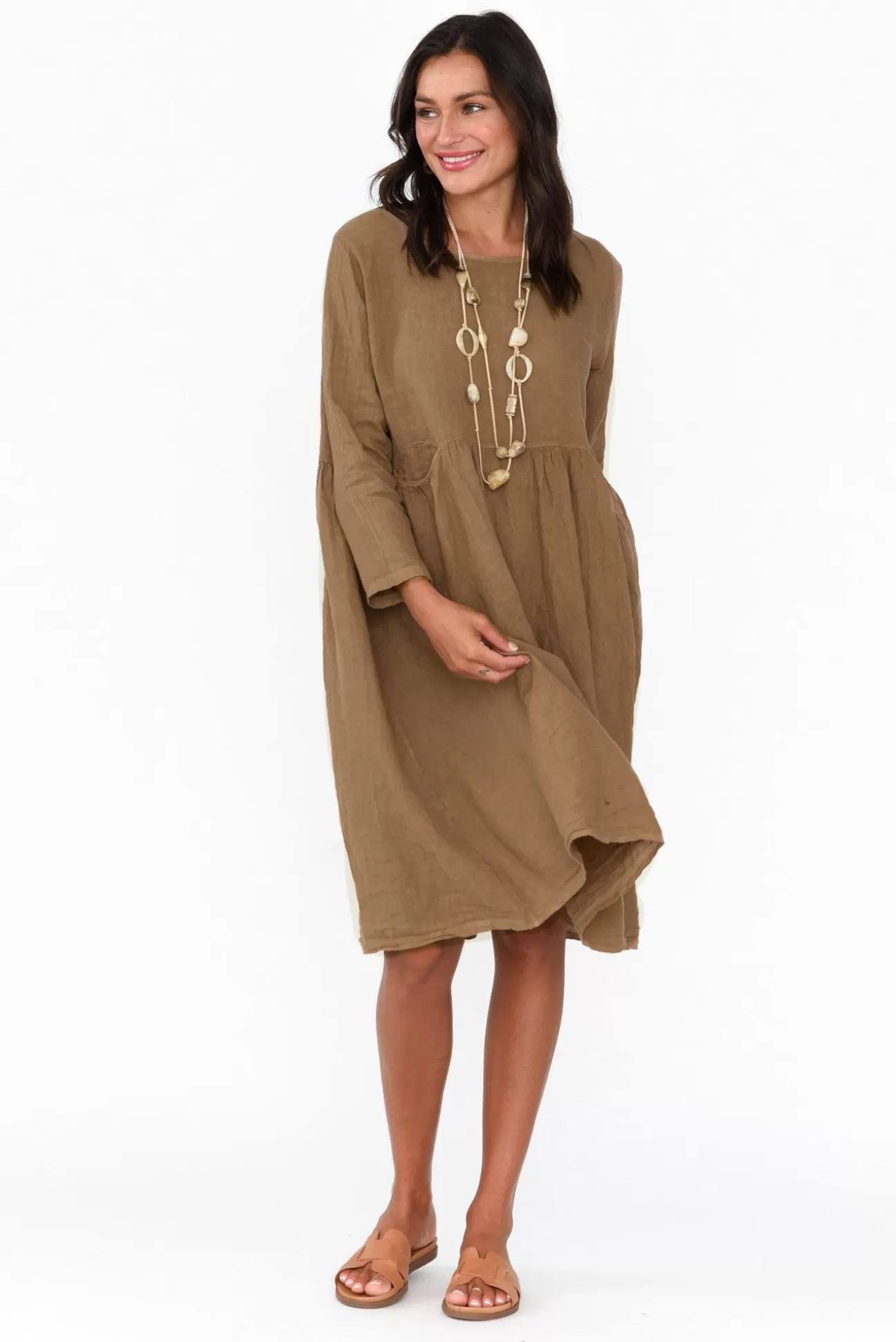 Talia Benson Maybelle Mocha Linen Pocket Dress Shop