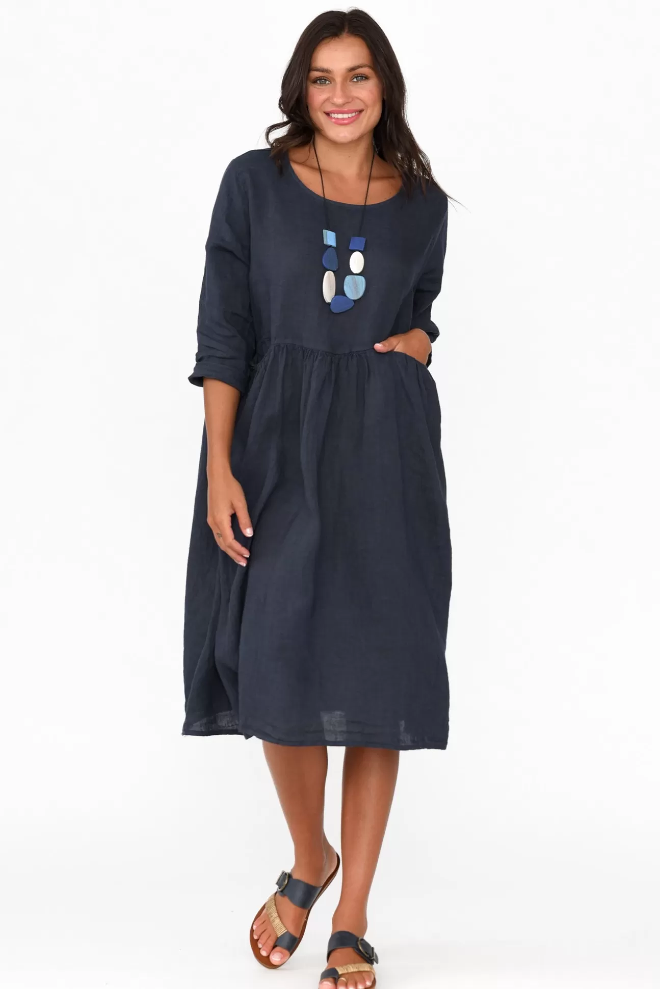 Talia Benson Maybelle Navy Linen Pocket Dress New