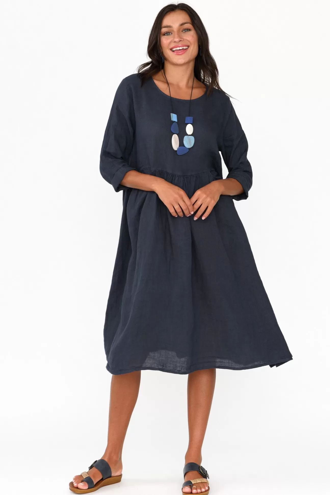 Talia Benson Maybelle Navy Linen Pocket Dress New