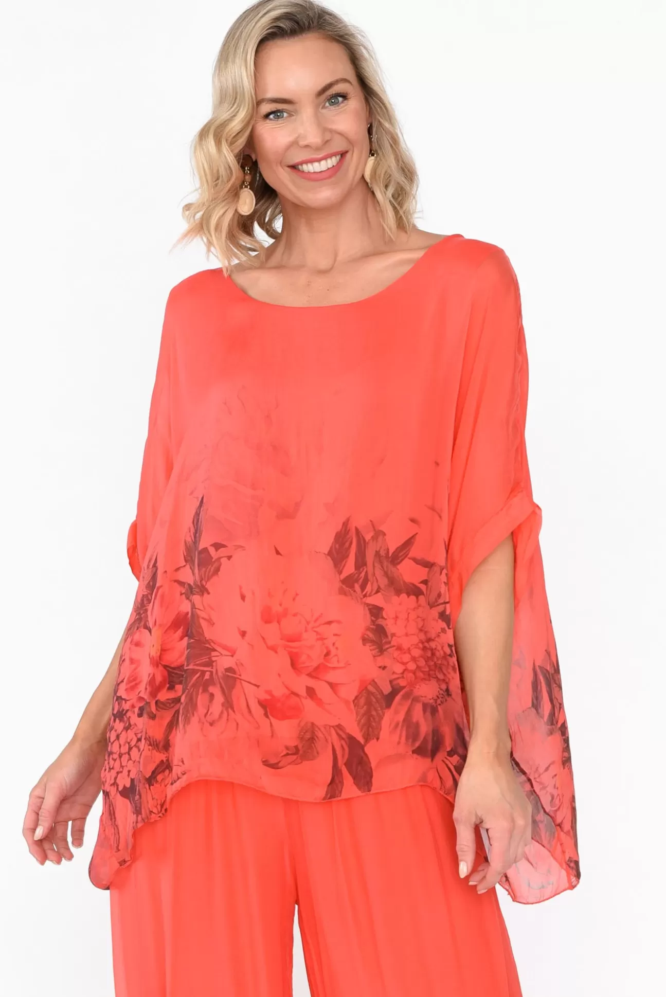 Fabuler Mayer Coral Floral Silk Top New