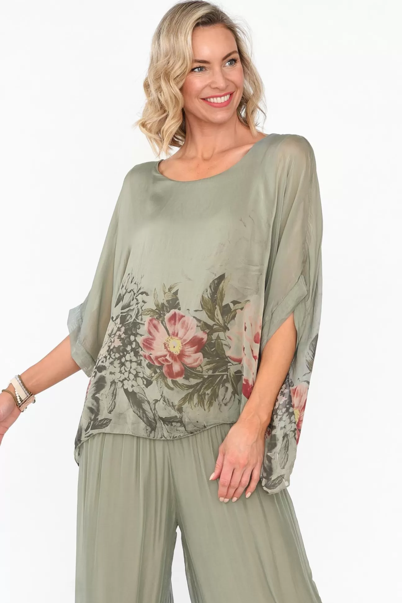 Fabuler Mayer Sage Floral Silk Top Cheap