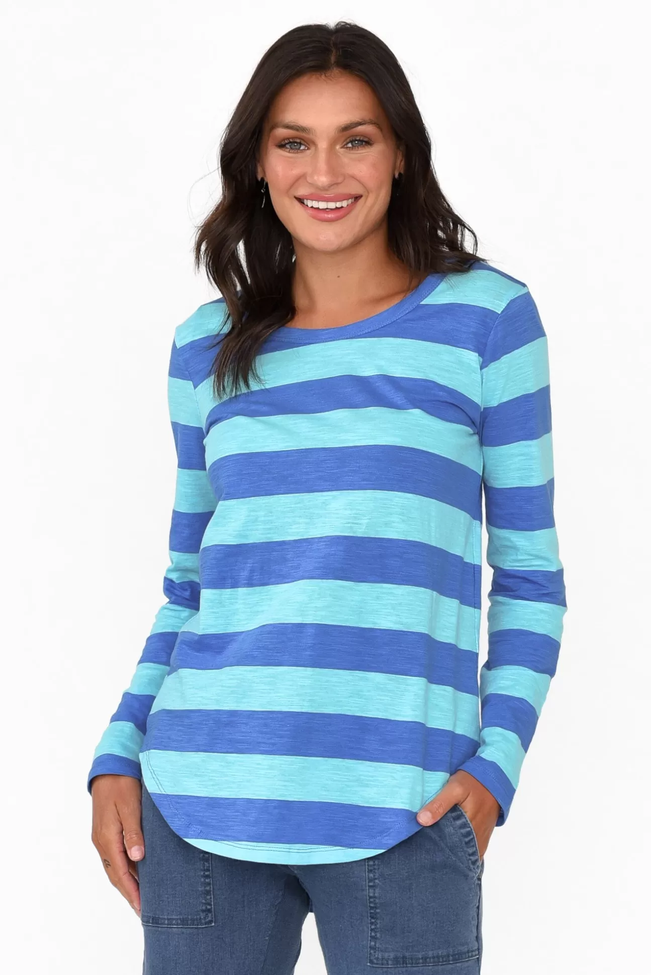 Betty Basics Megan Aqua Stripe Cotton Long Sleeve Top Cheap