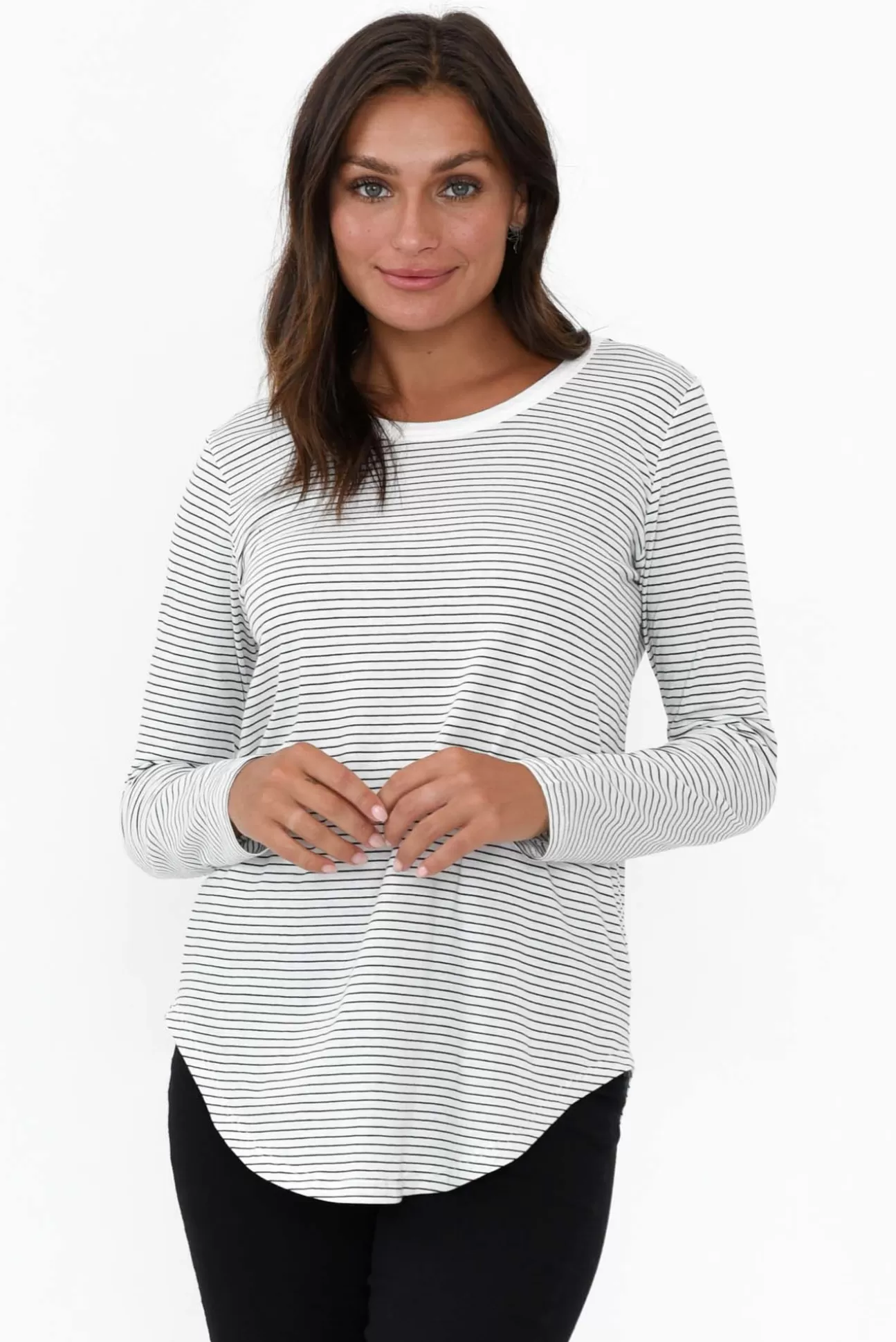 Betty Basics Megan White Stripe Long Sleeve Cotton Top Cheap