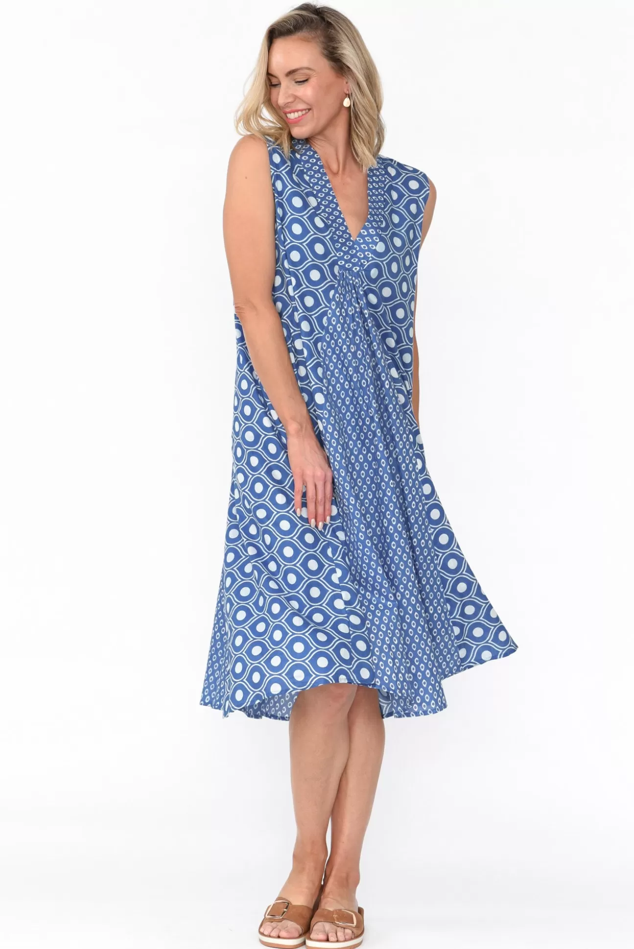 Mozaic Melina Blue Circle Cotton Dress Hot