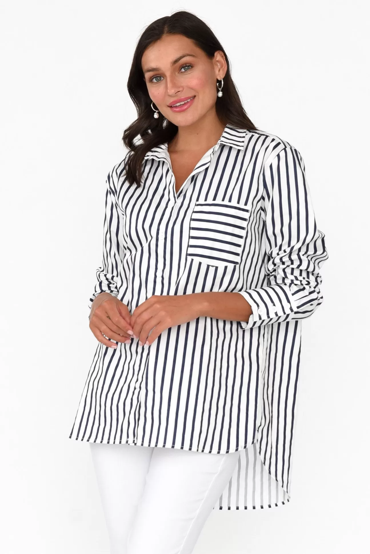 Circ The Label Merril Navy Stripe Cotton Poplin Shirt Cheap