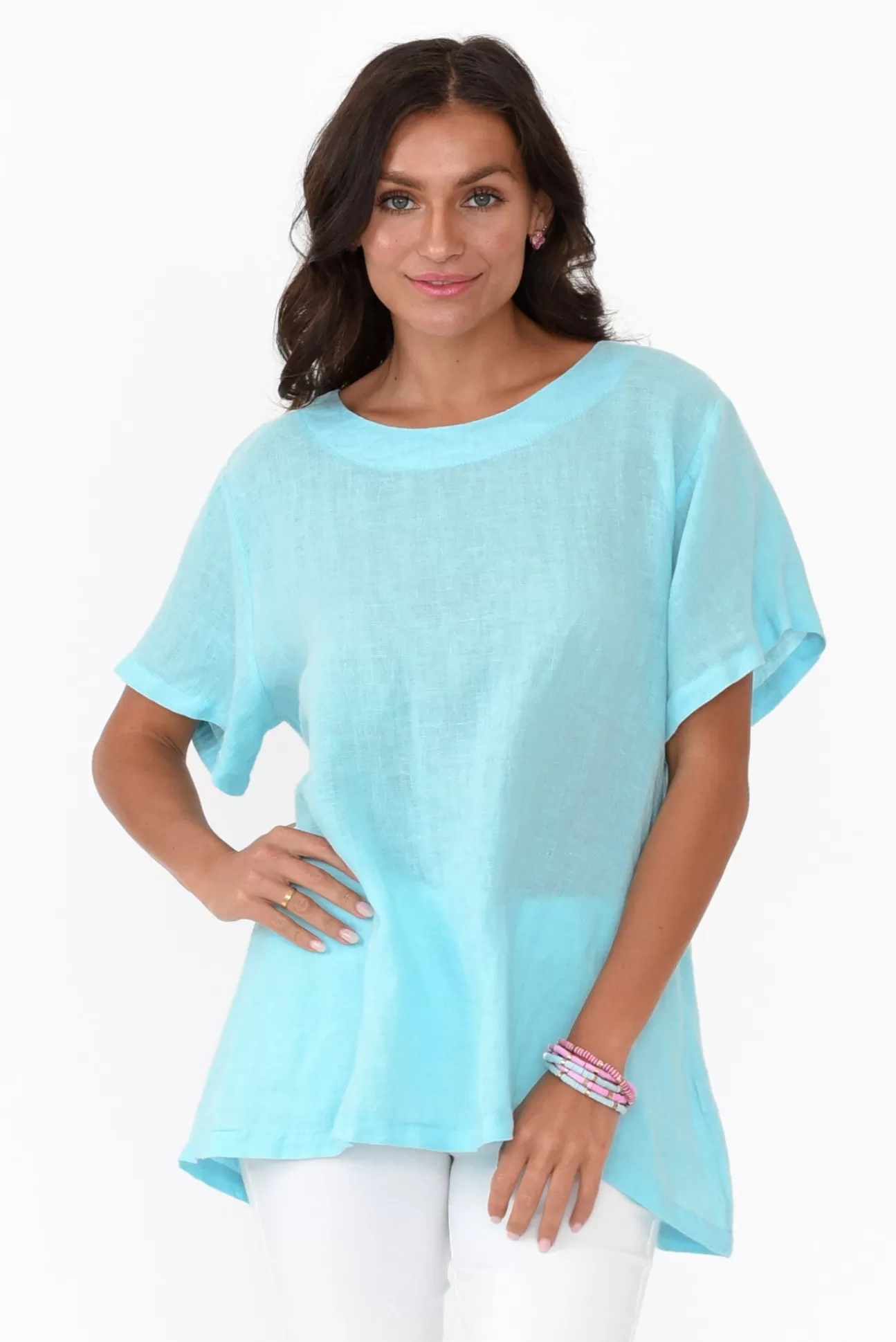 Cali and Co Micah Blue Linen Scoop Neck Top Store