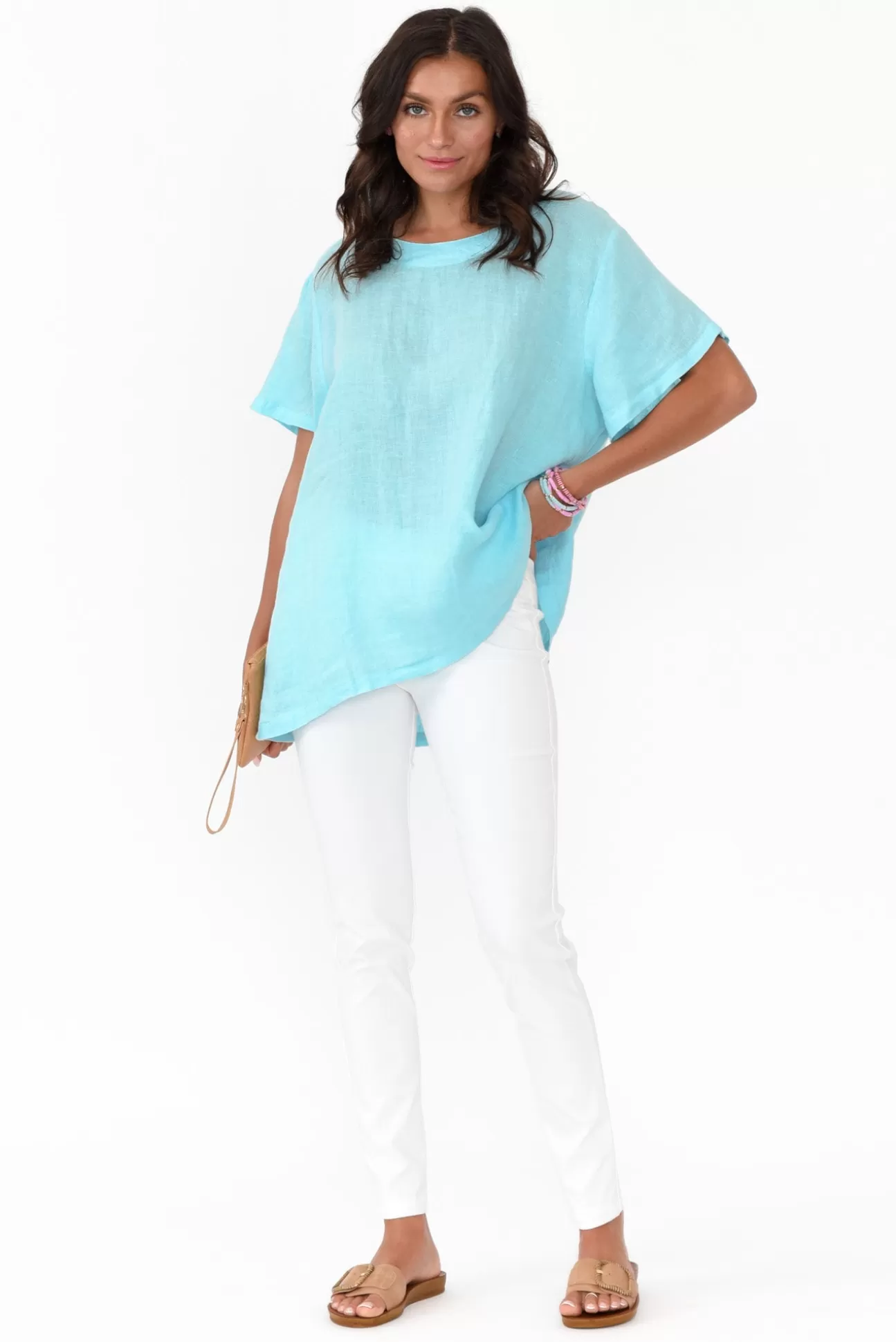 Cali and Co Micah Blue Linen Scoop Neck Top Store