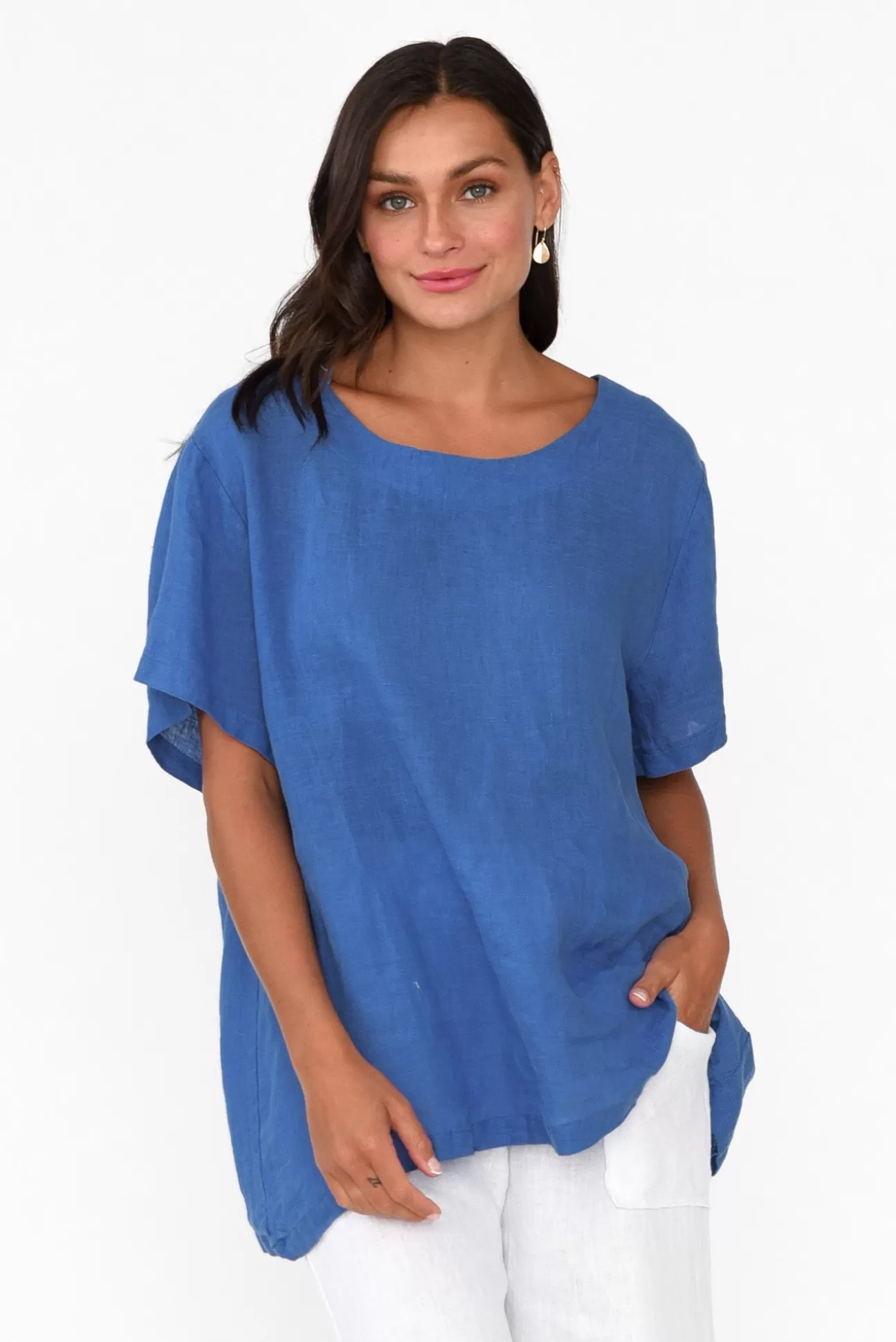 Cali and Co Micah Cobalt Linen Scoop Neck Top Best