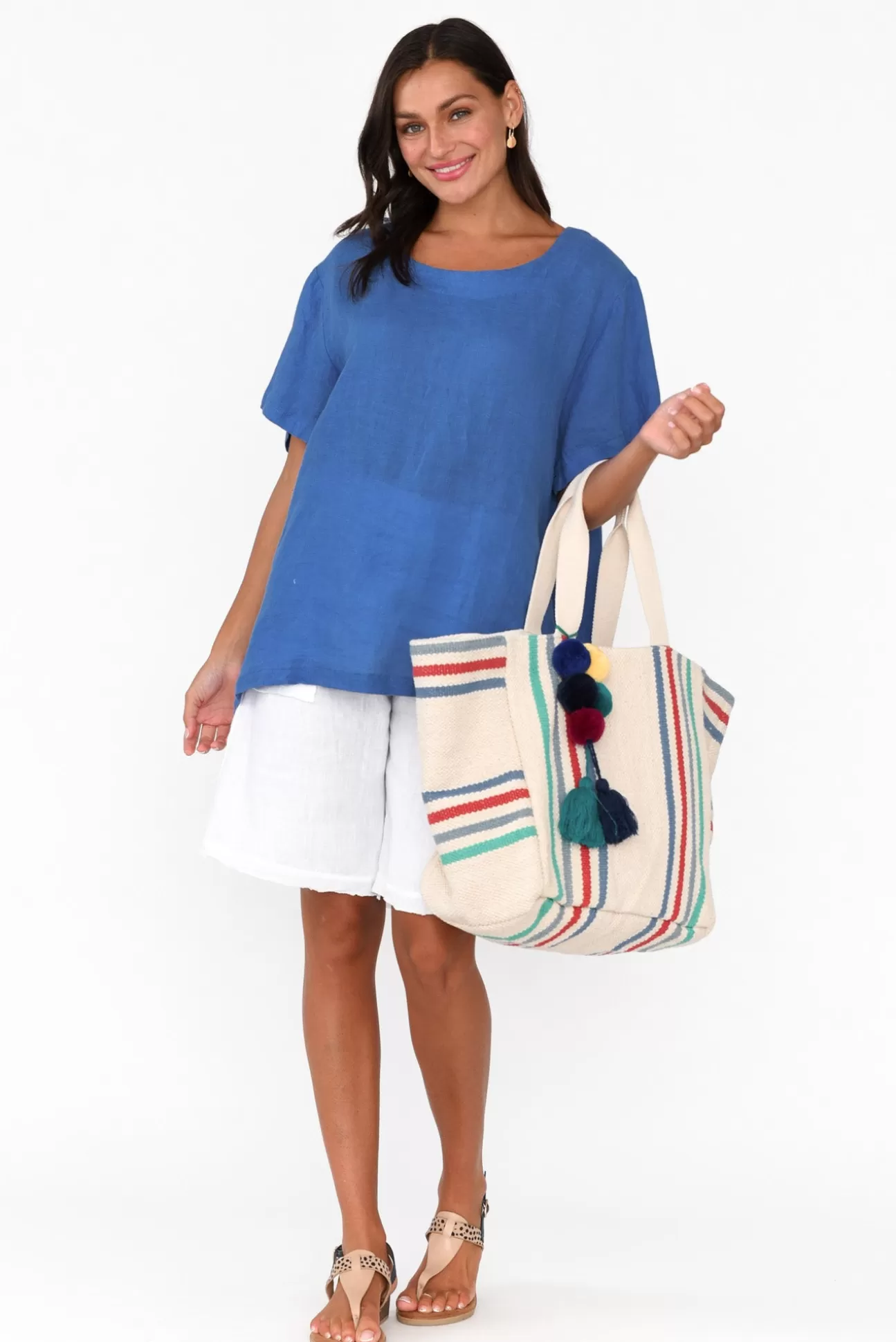 Cali and Co Micah Cobalt Linen Scoop Neck Top Best