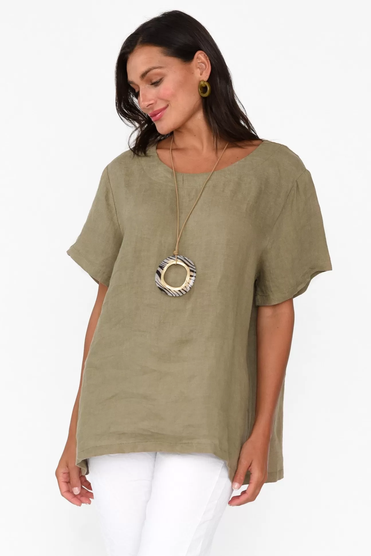 Cali and Co Micah Khaki Linen Scoop Neck Top Cheap