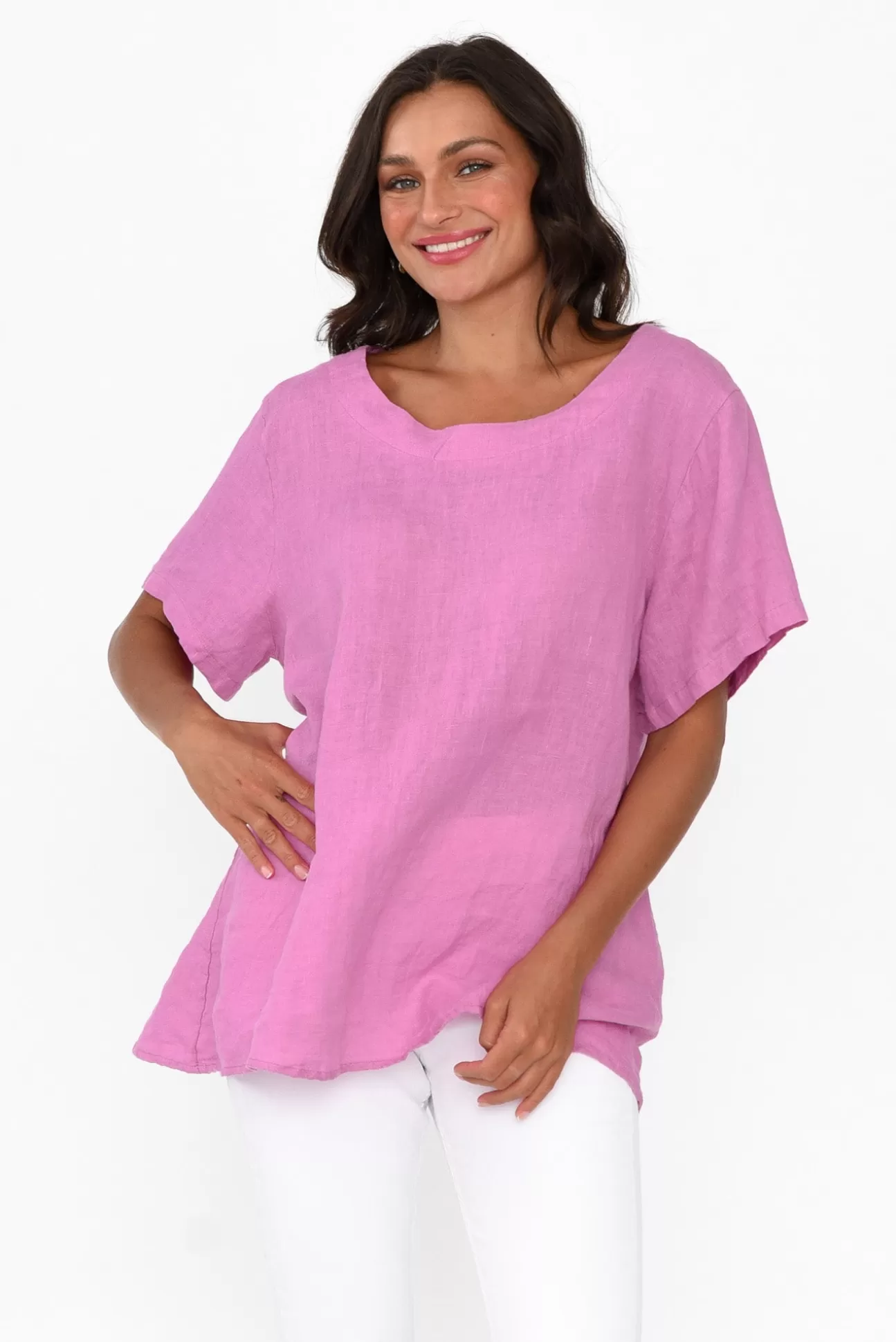 Cali and Co Micah Pink Linen Scoop Neck Top Cheap