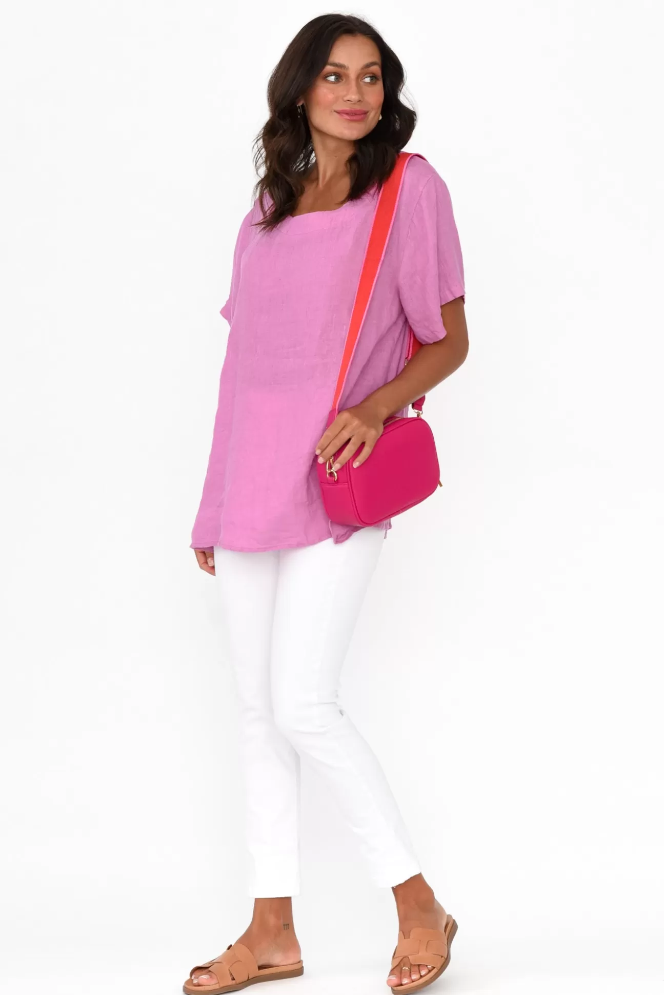 Cali and Co Micah Pink Linen Scoop Neck Top Cheap