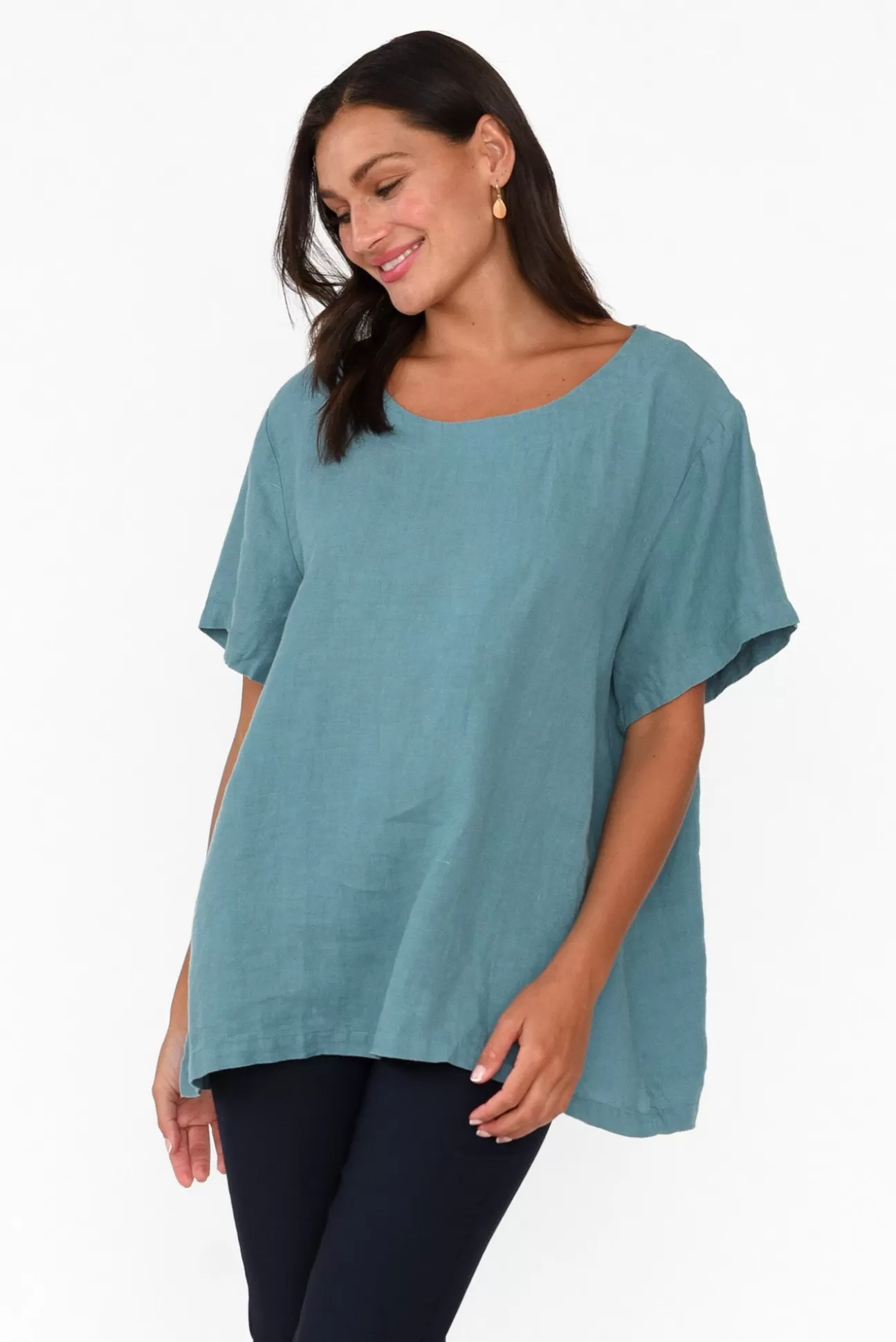 Cali and Co Micah Teal Linen Scoop Neck Top Online