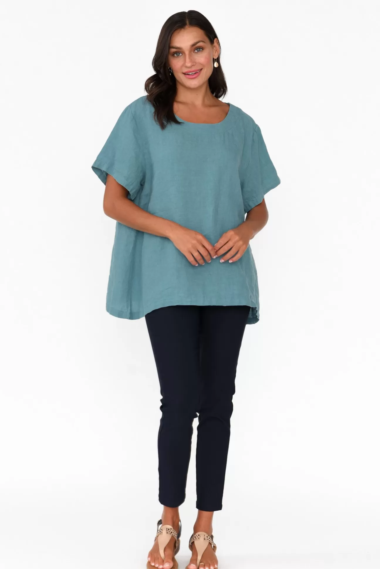 Cali and Co Micah Teal Linen Scoop Neck Top Online