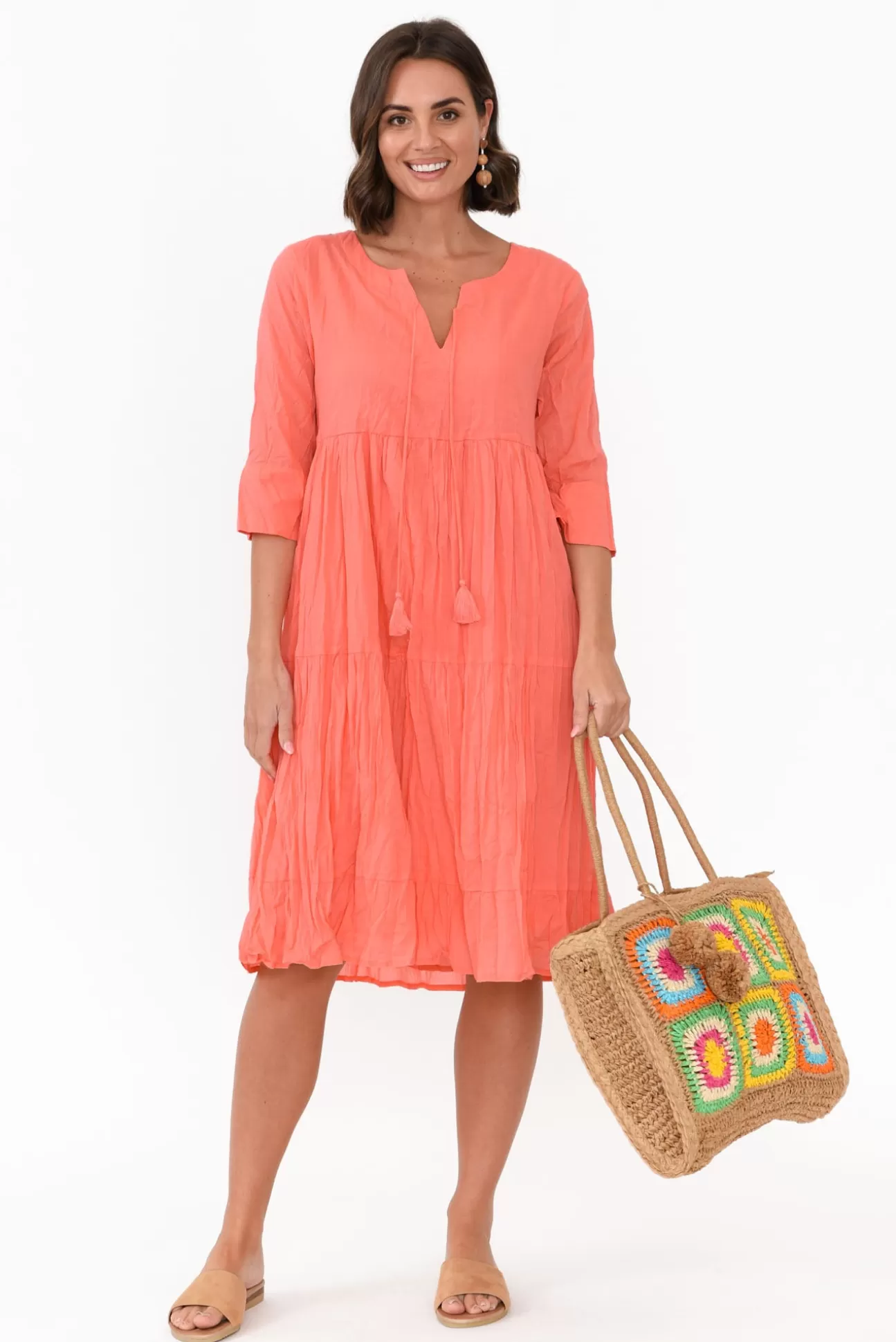 One Summer Milana Coral Crinkle Cotton Dress Discount