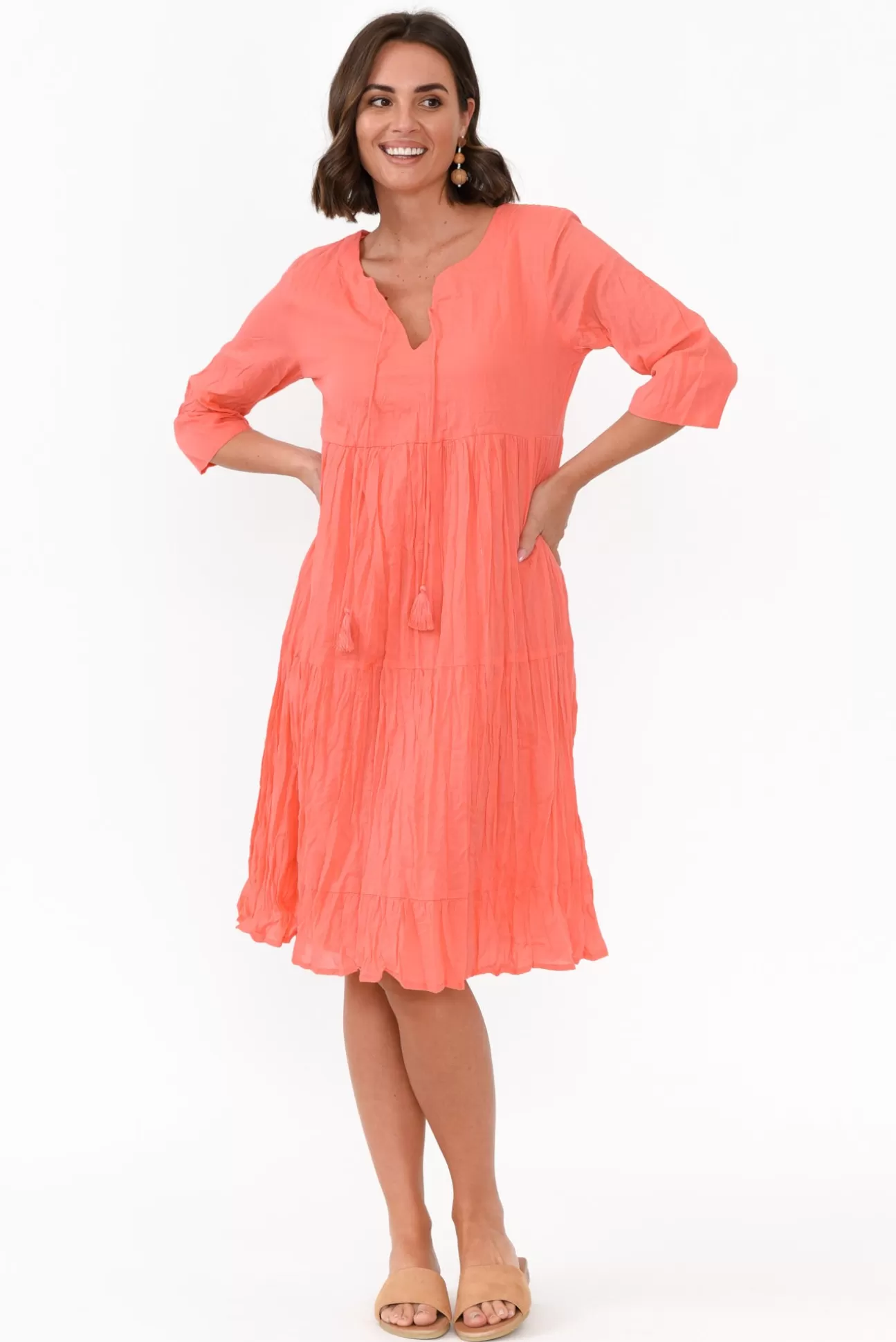 One Summer Milana Coral Crinkle Cotton Dress Discount