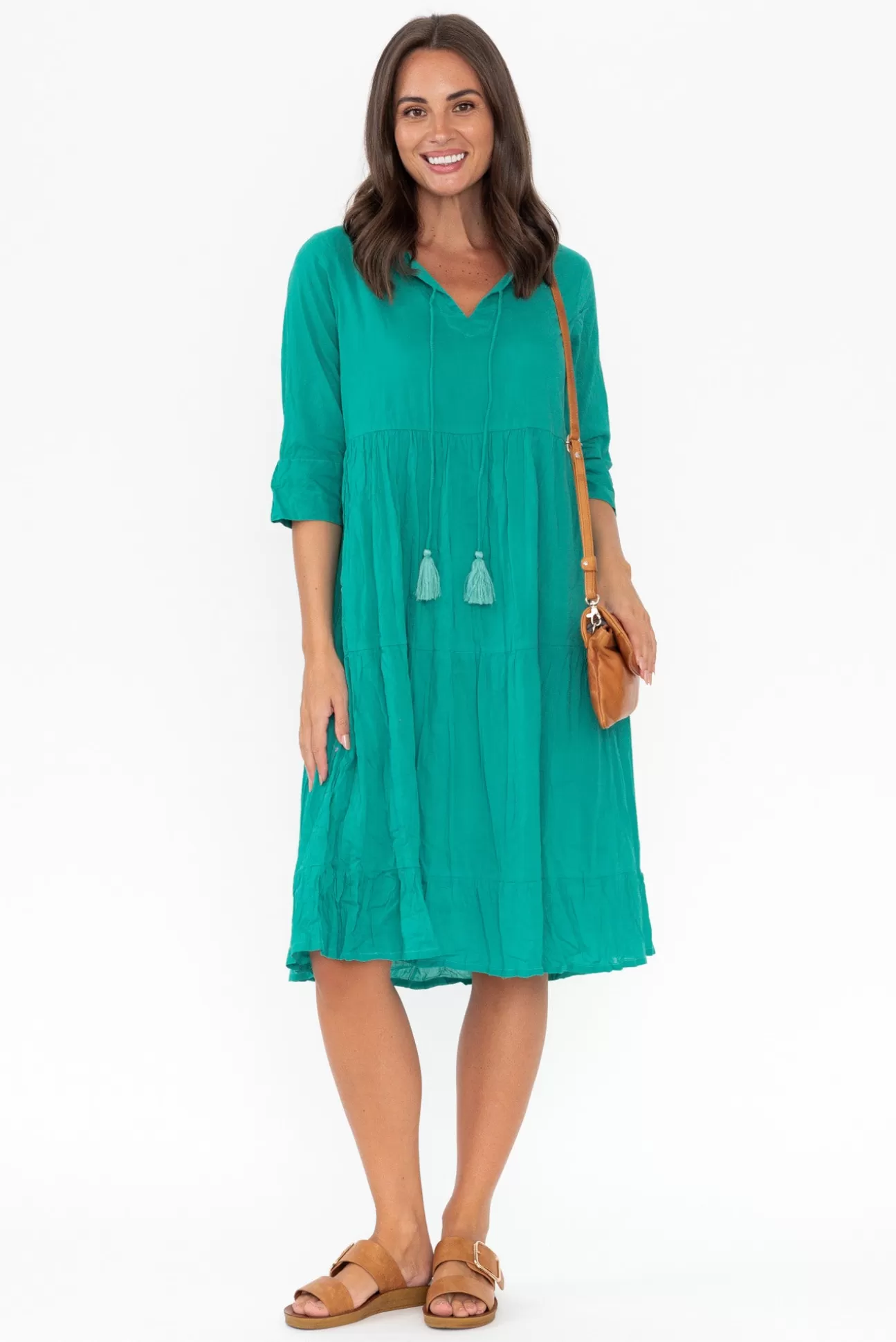 One Summer Milana Emerald Crinkle Cotton Dress Store