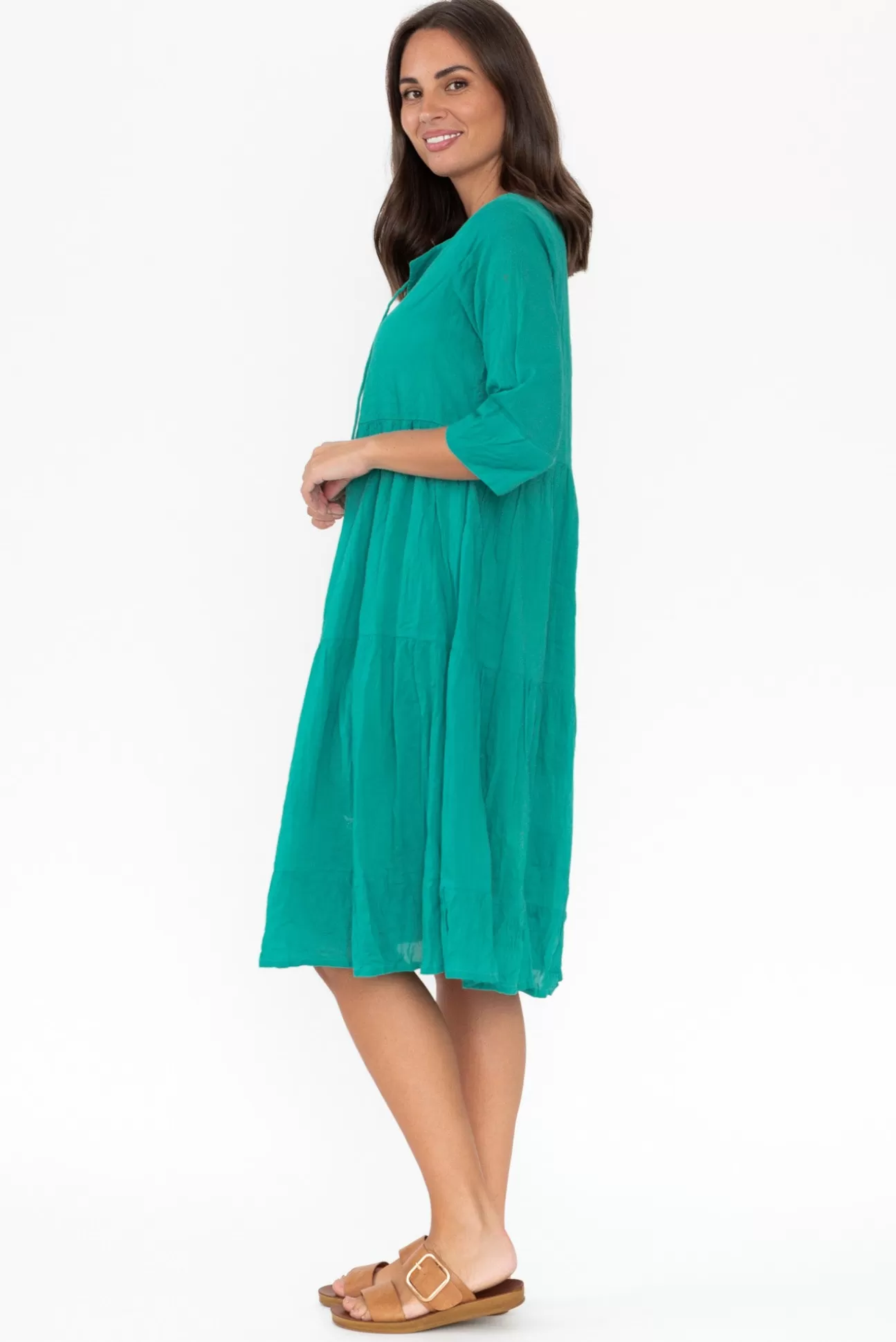 One Summer Milana Emerald Crinkle Cotton Dress Store