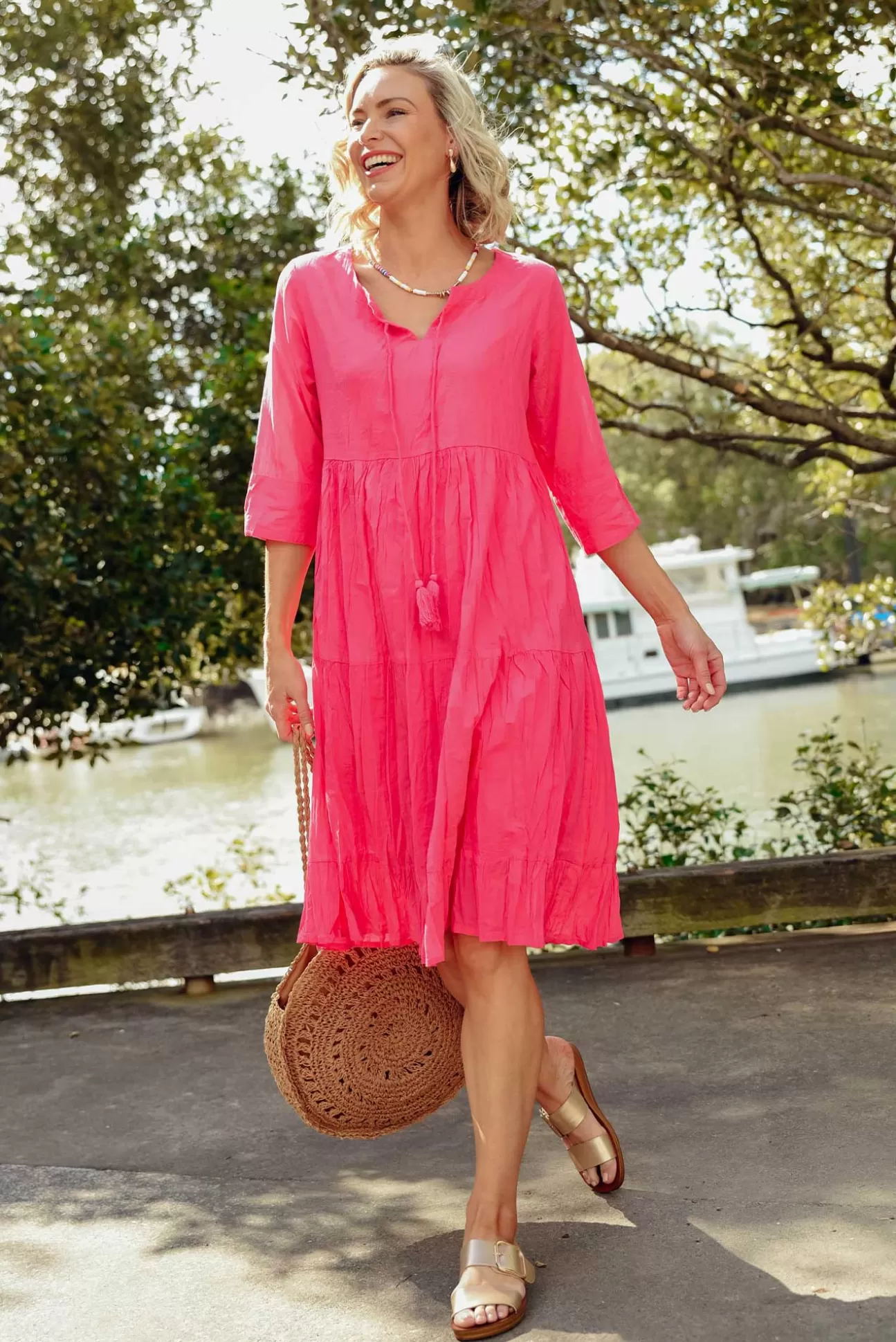 One Summer Milana Hot Pink Crinkle Cotton Dress Cheap