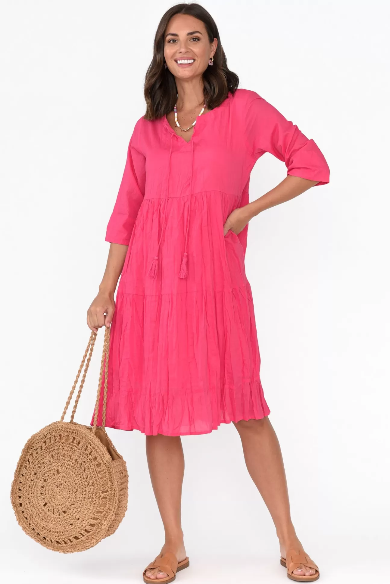 One Summer Milana Hot Pink Crinkle Cotton Dress Cheap