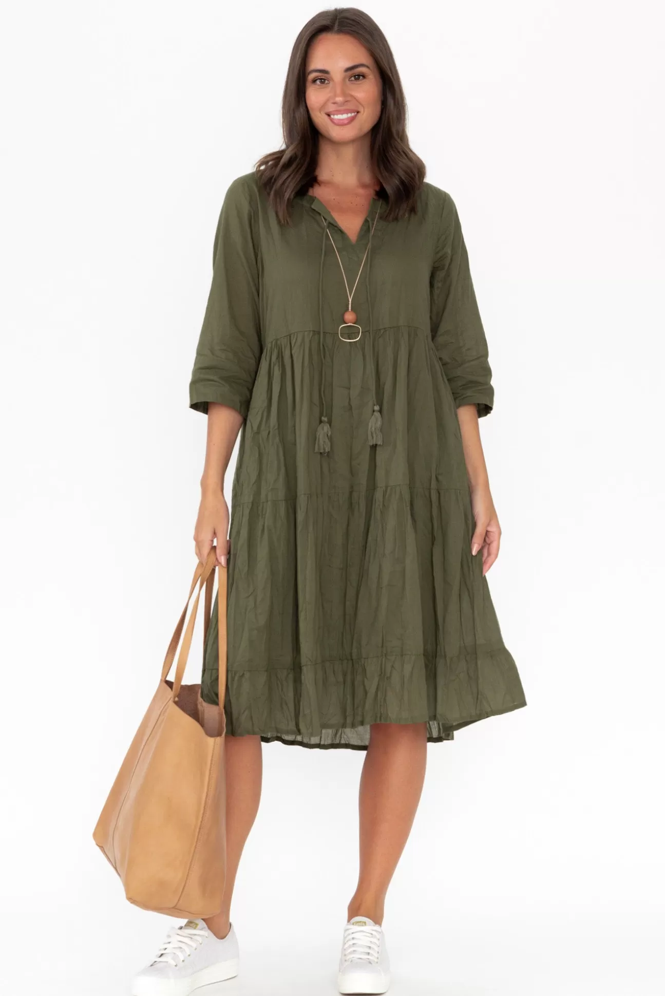 One Summer Milana Khaki Crinkle Cotton Dress Online