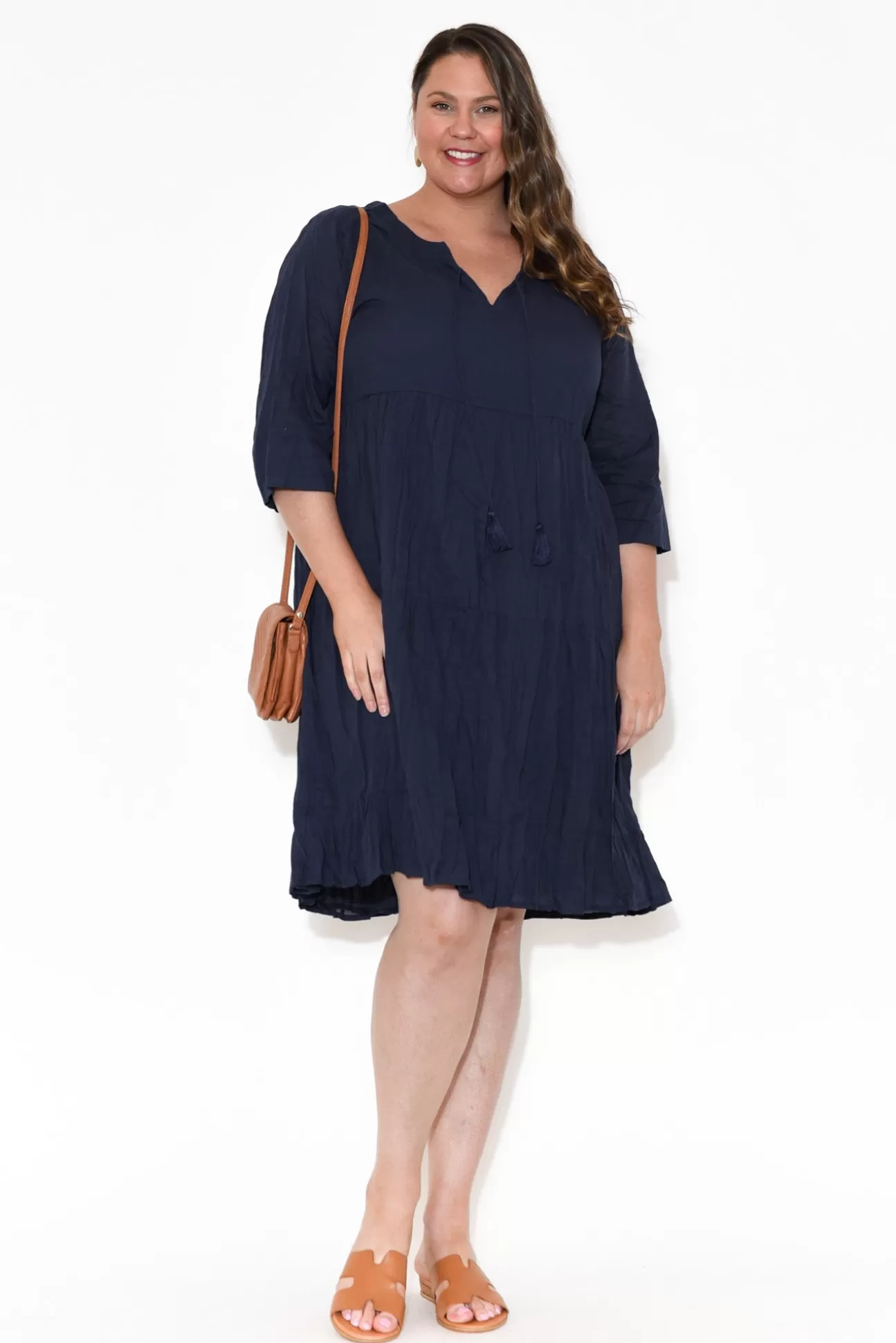 One Summer Milana Navy Crinkle Cotton Dress Hot