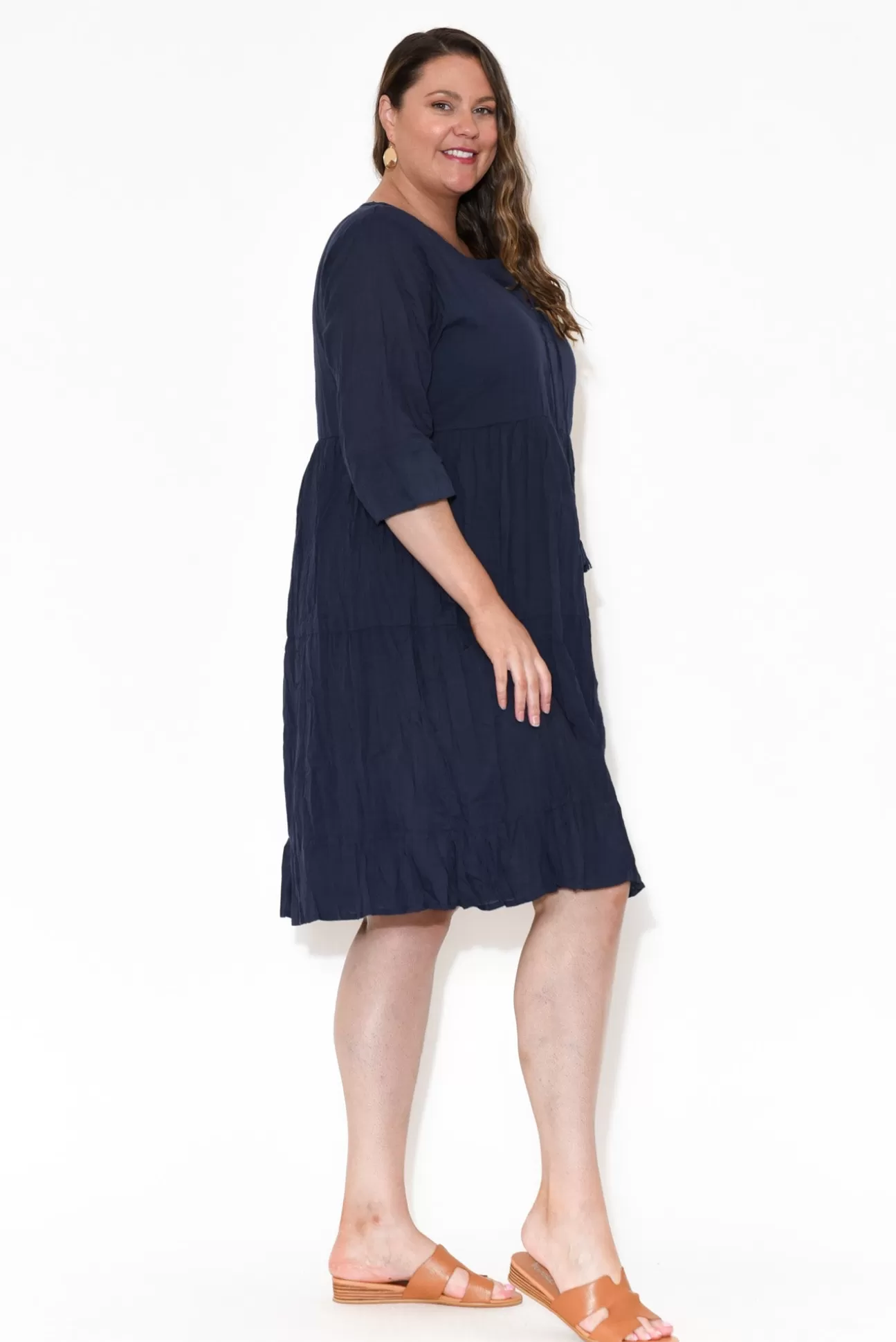 One Summer Milana Navy Crinkle Cotton Dress Hot