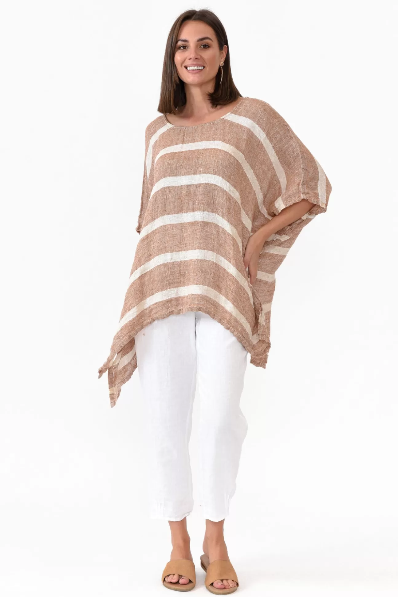 Rustic Linen Monaco Rust Stripe Linen Top Flash Sale