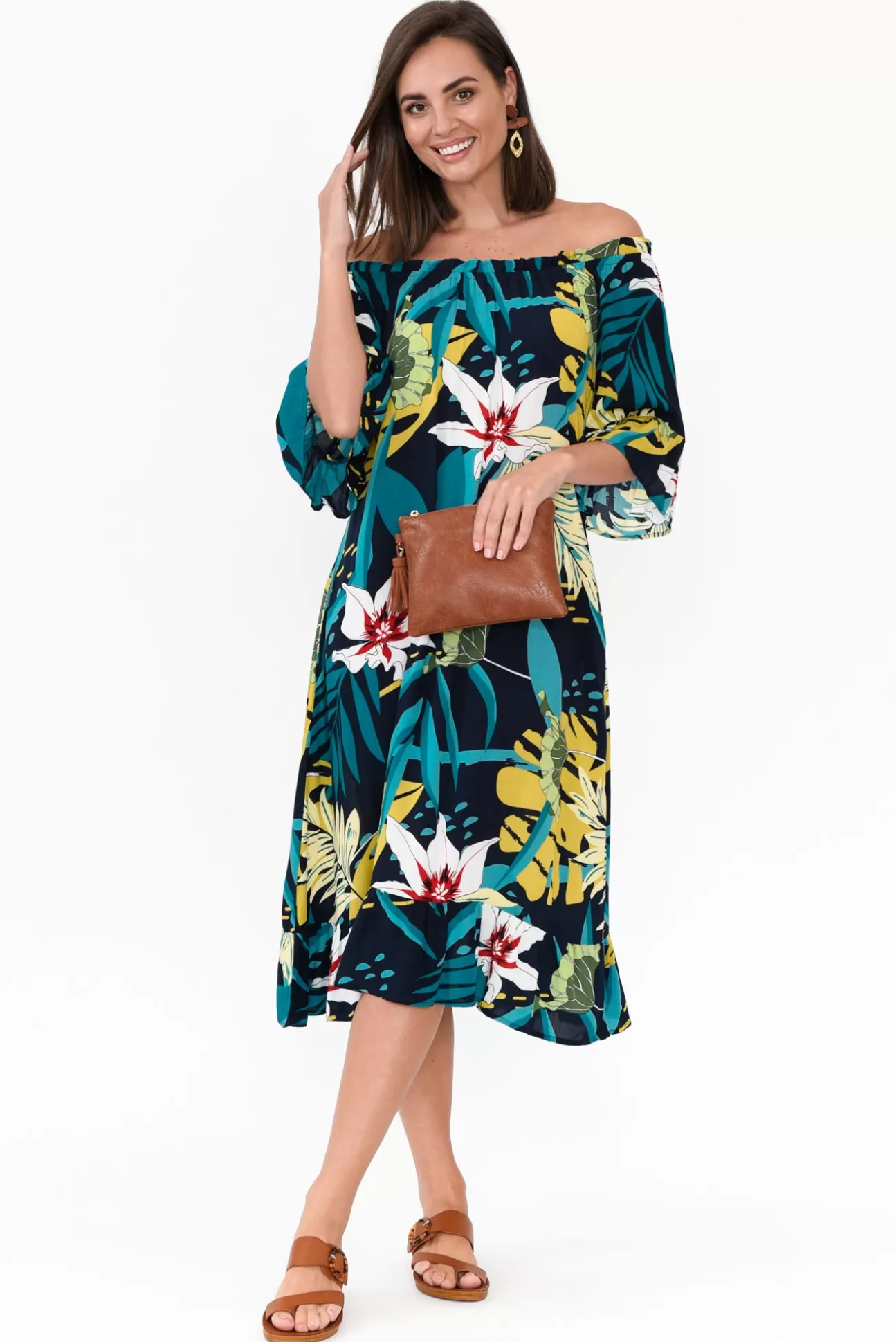 Cafe Latte Montauk Navy Tropical Ruffle Sleeve Dress Best