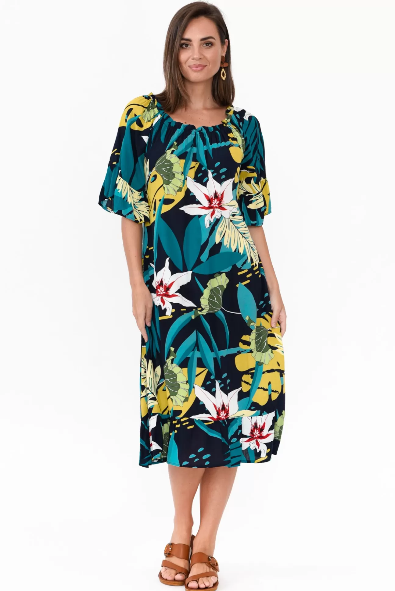 Cafe Latte Montauk Navy Tropical Ruffle Sleeve Dress Best