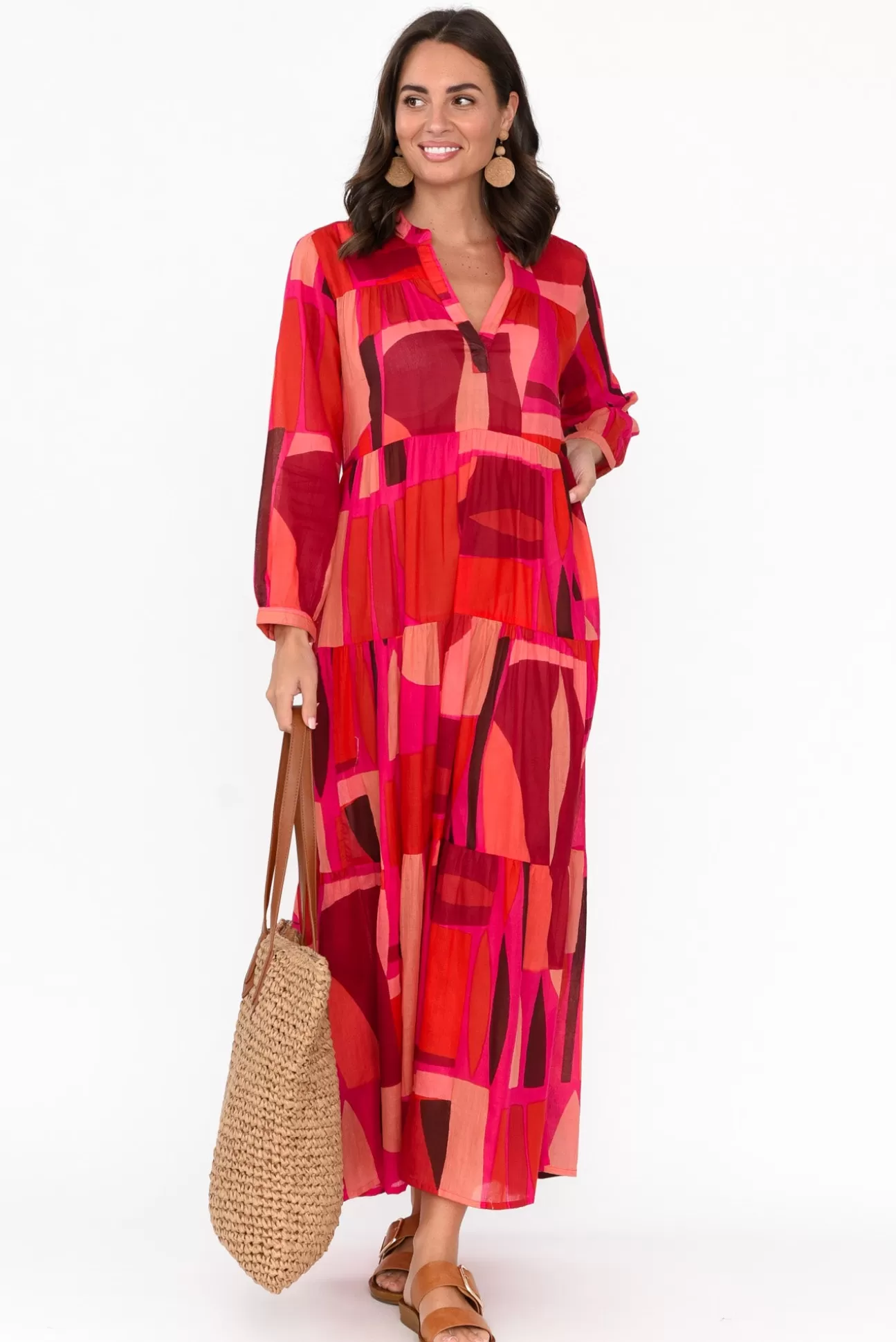 Cinnamon Morag Red Geo Cotton Dress Hot