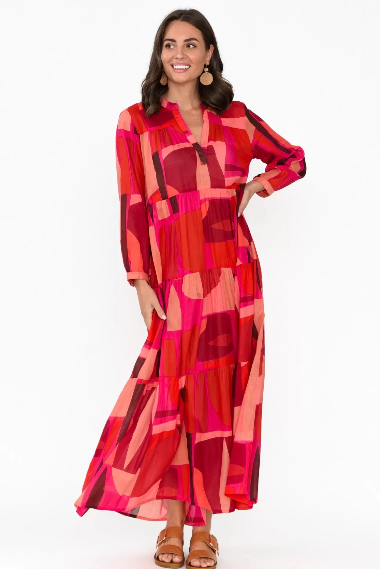 Cinnamon Morag Red Geo Cotton Dress Hot