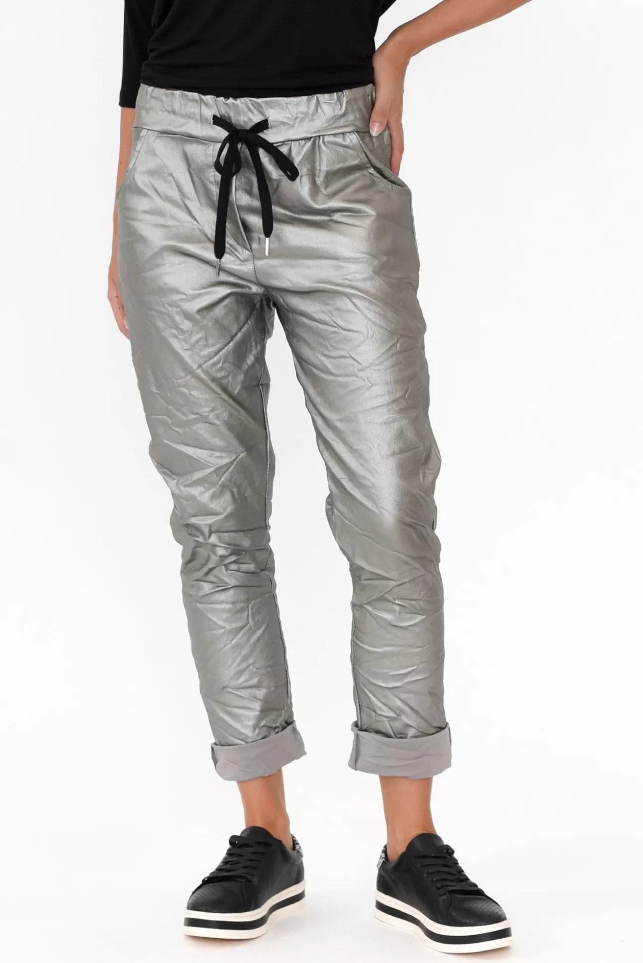 La Strada Munich Silver Wet Look Stretch Pant Outlet