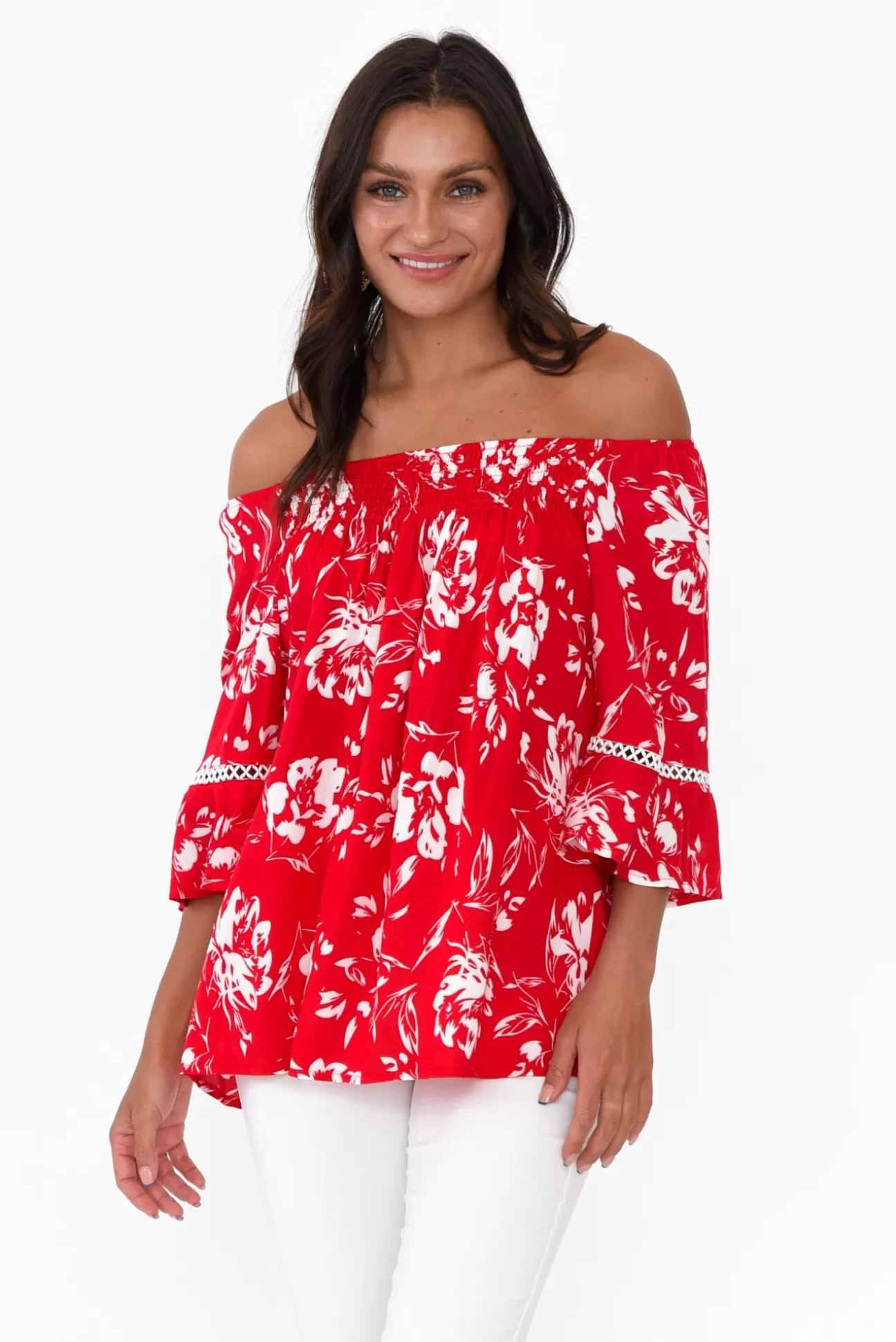 Willow Tree Murdoch Red Floral Ruffle Sleeve Top Hot