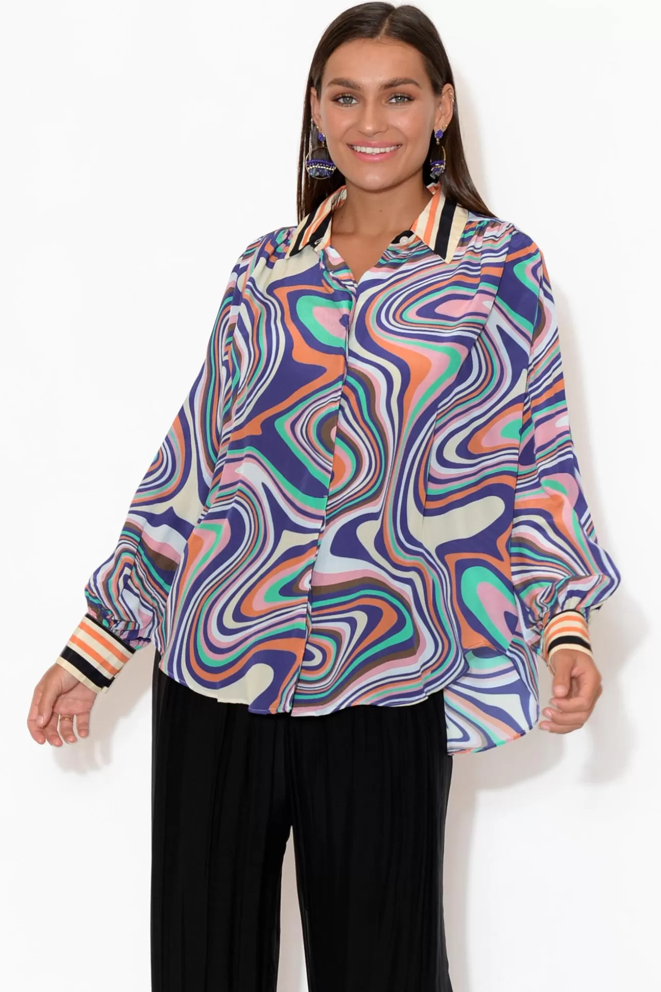 Inoa Murphy Cobalt Ripple Puff Sleeve Silk Shirt Discount