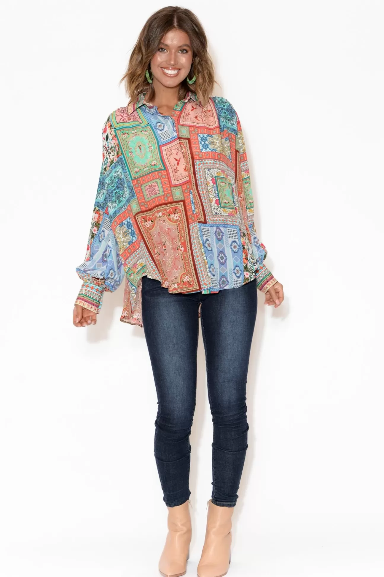 Inoa Murphy Red Abstract Puff Sleeve Silk Shirt Outlet