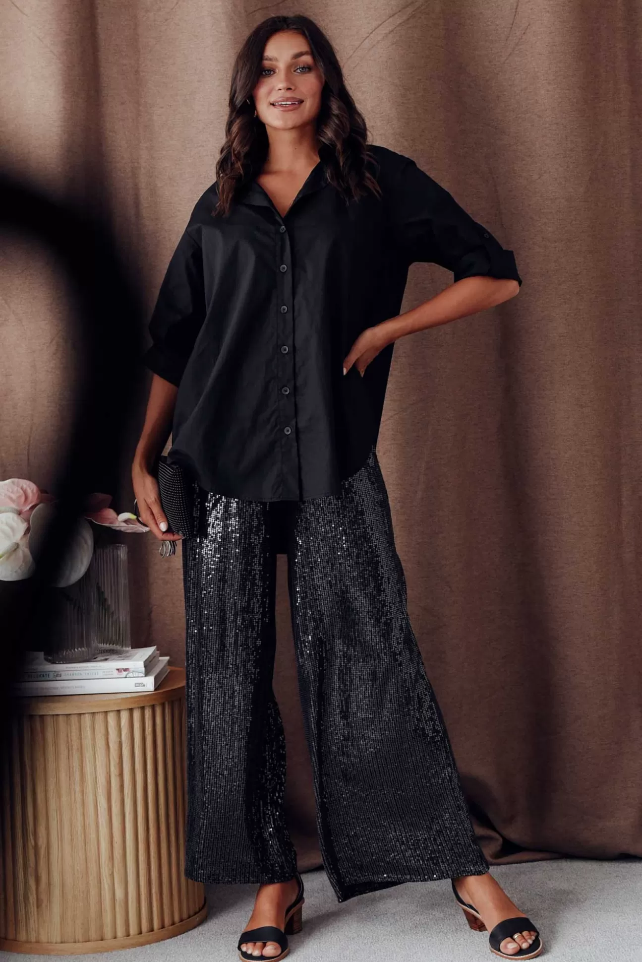 La Strada Myers Black Sequin Wide Leg Pant Clearance