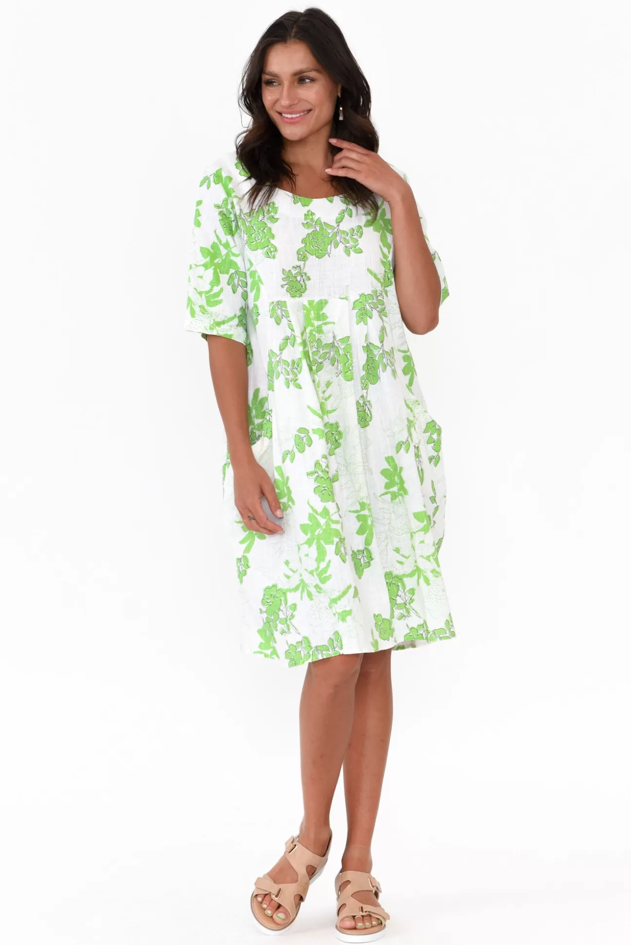 Hourglass Myley Green Flower Linen Cotton Dress Online