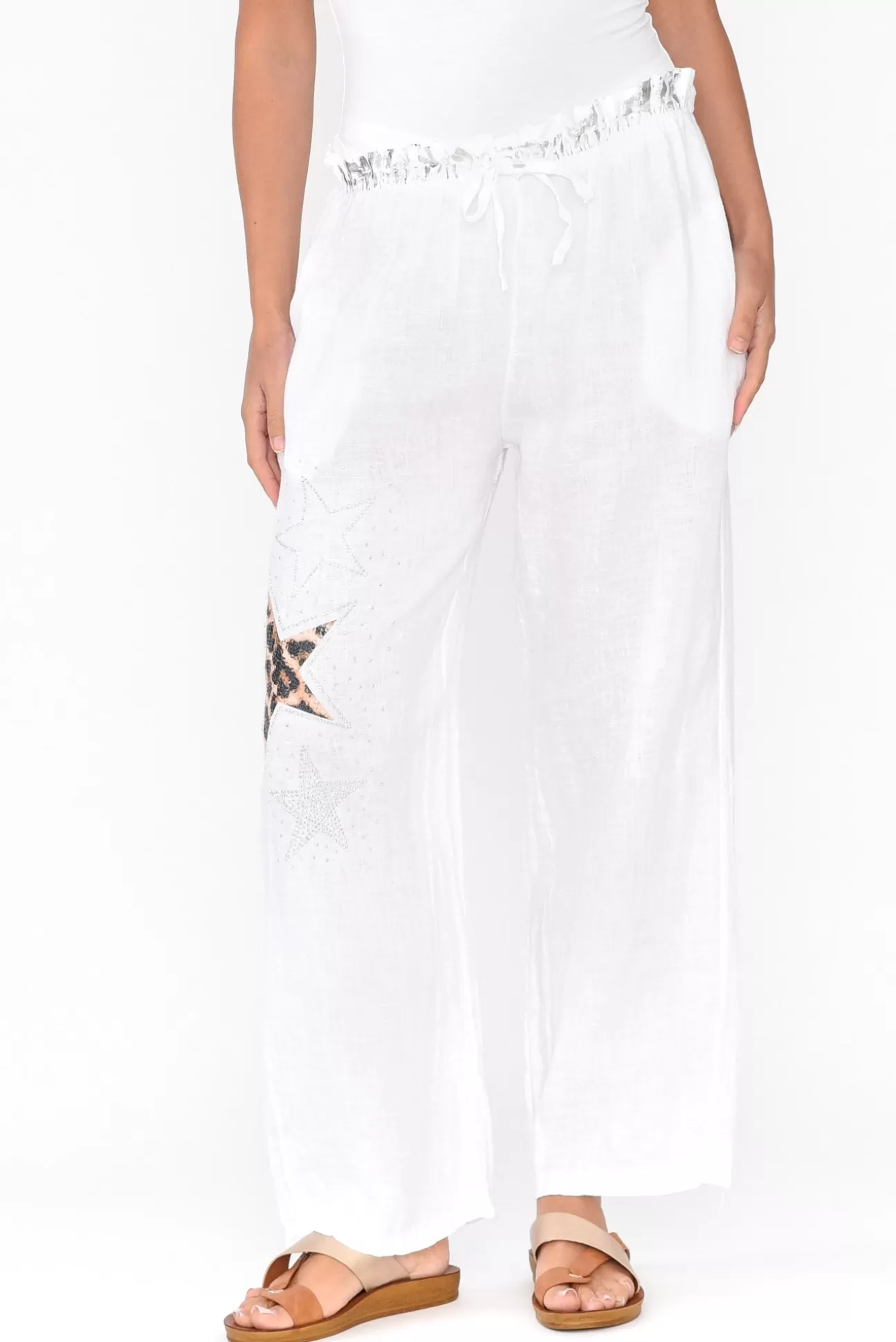 La Strada Nalda White Leopard Linen Embellished Pant Cheap