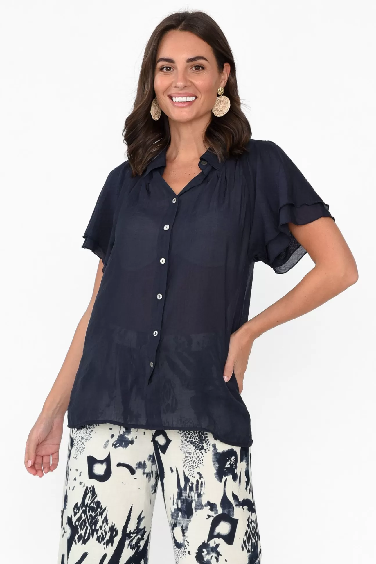 Hammock u0026 Vine Nandi Navy Flutter Sleeve Blouse Discount