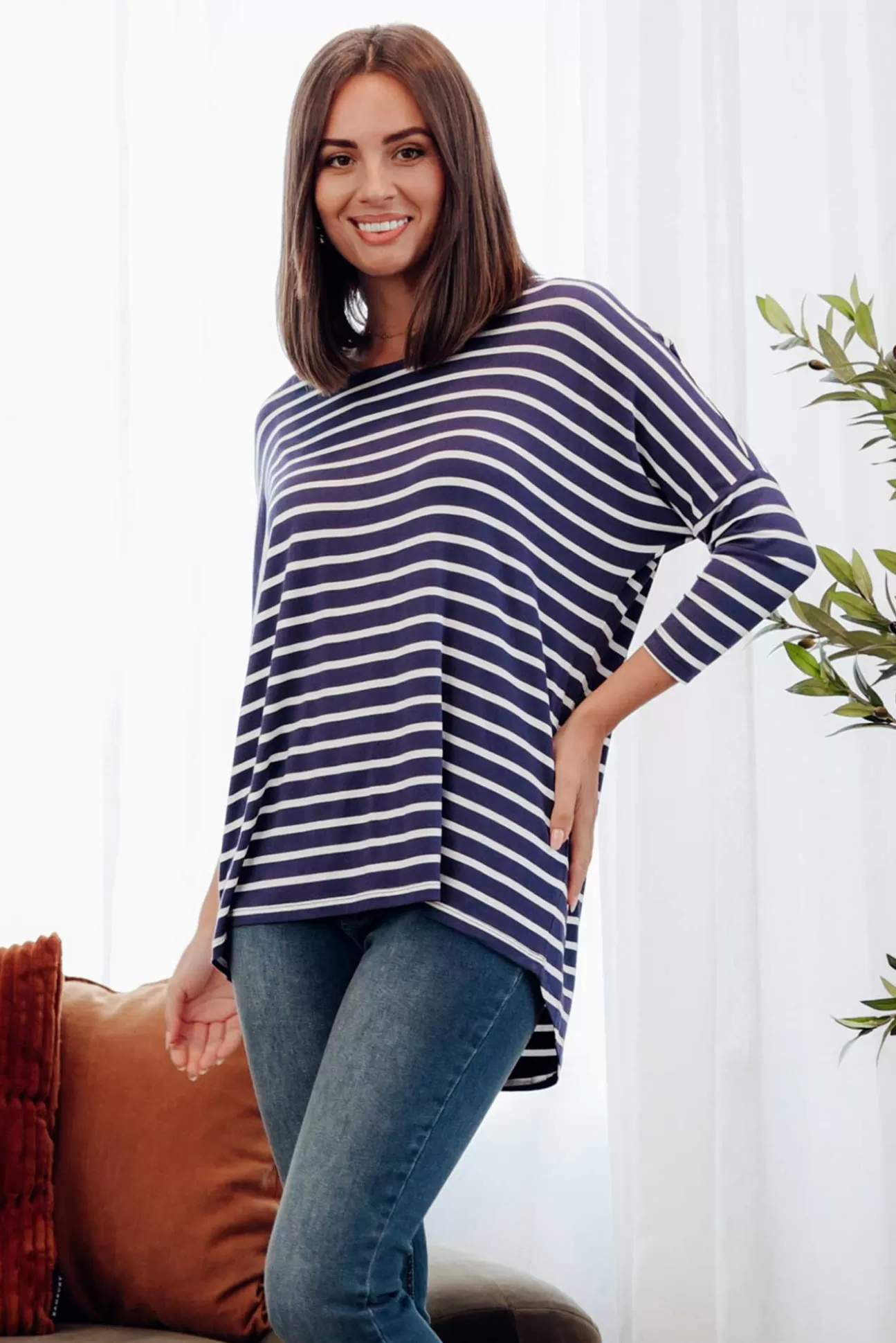 Betty Basics Navy Parisian Stripe Milan 3/4 Sleeve Top Fashion