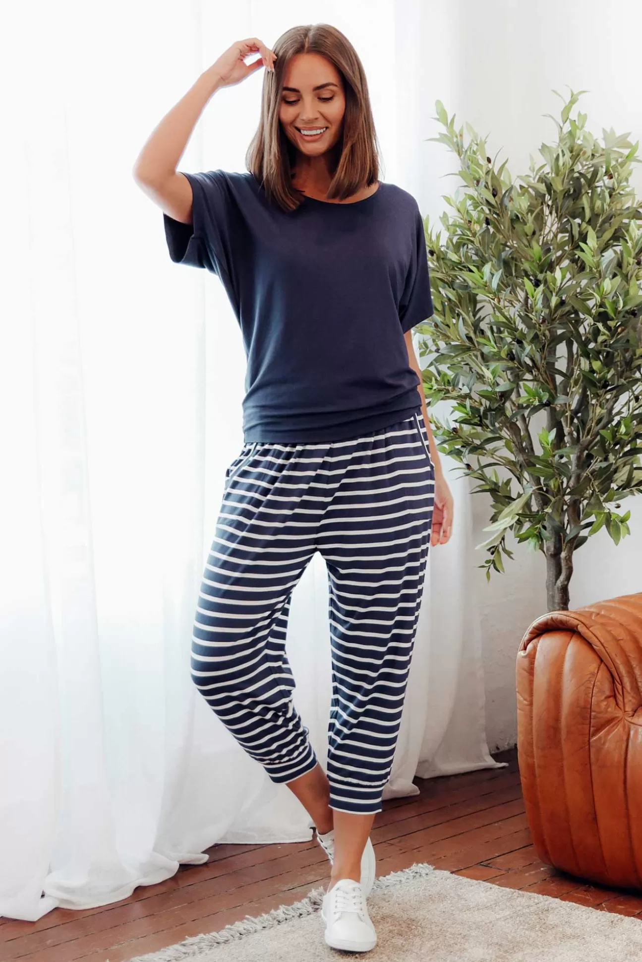 Betty Basics Navy Parisian Stripe Tokyo Slouch Pant Best Sale