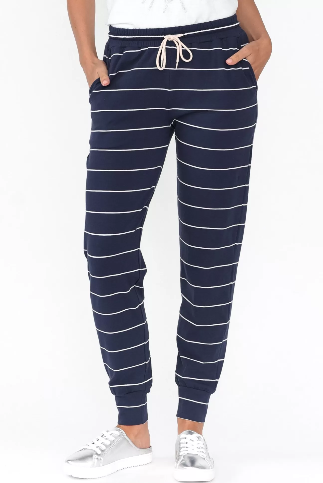 One Ten Willow Navy Pinstripe Cotton Everyday Tie Pant Clearance