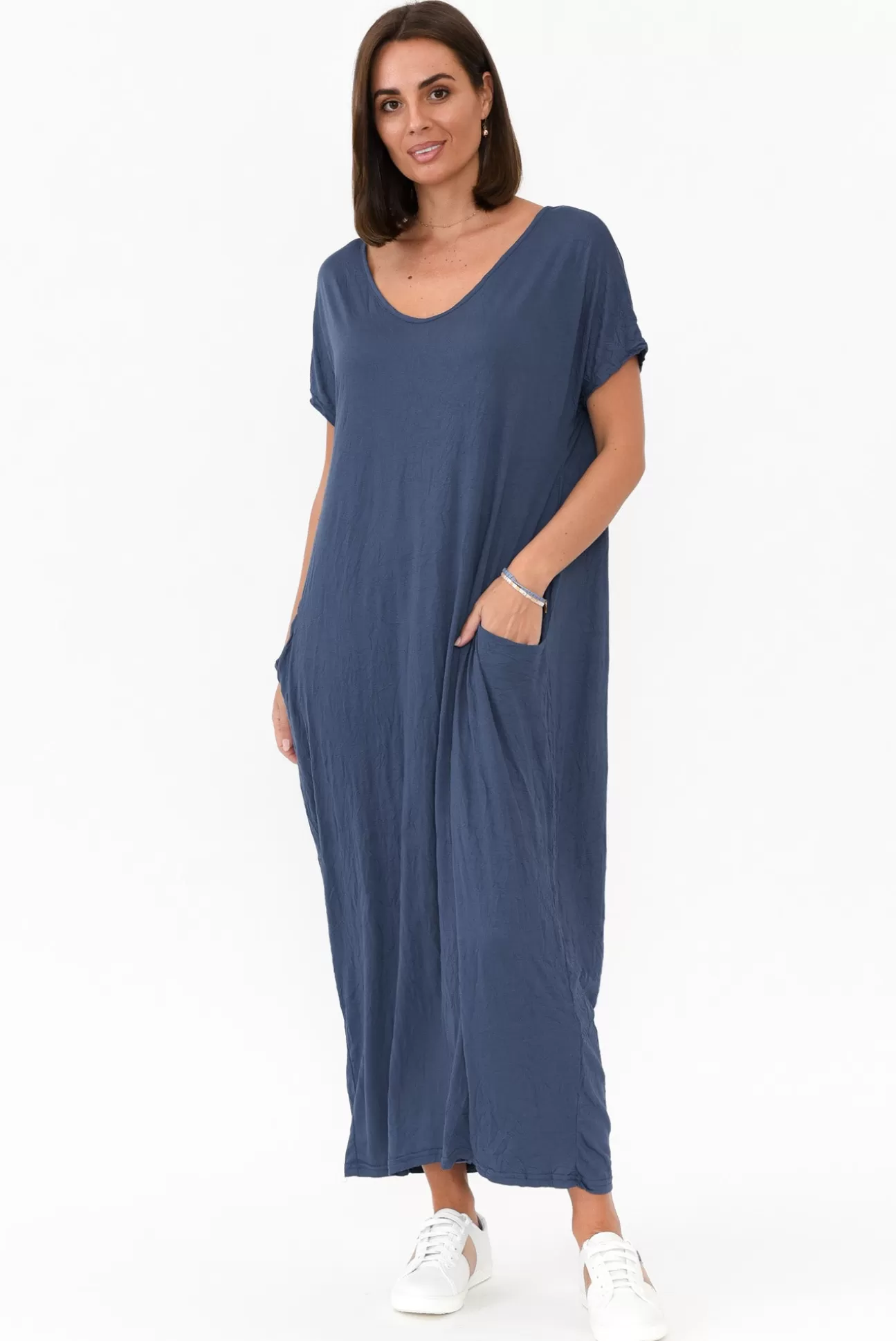 Cotton Village Navy Pocket Crinkle Cotton Draped Dress Store