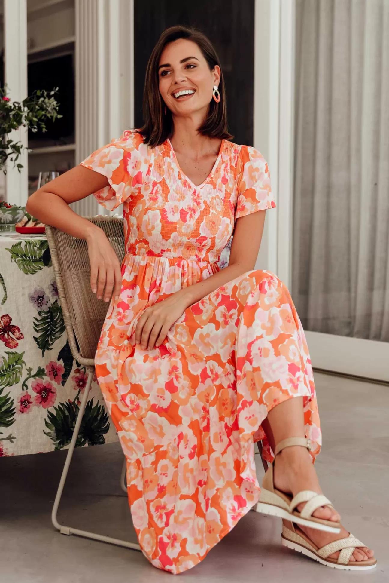 New U Collection Naya Peach Blossom Shirred V Neck Dress Best Sale