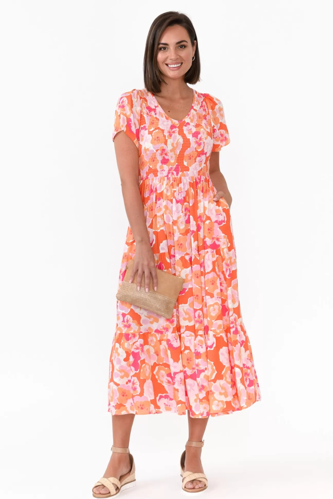 New U Collection Naya Peach Blossom Shirred V Neck Dress Best Sale